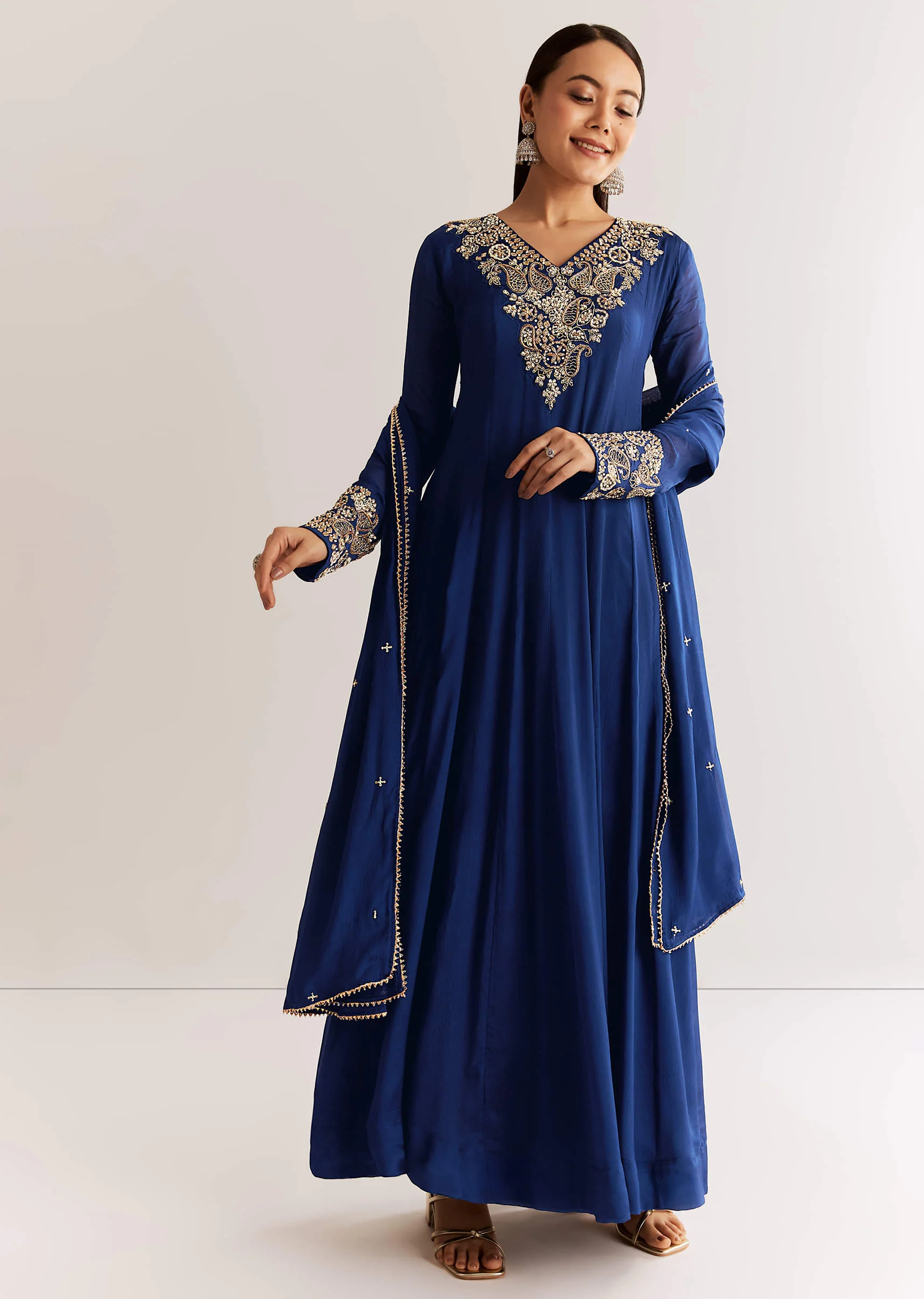 Navy Blue Chinon Anarkali Set With Cutdana Moti And Gotta Lace Dupatta