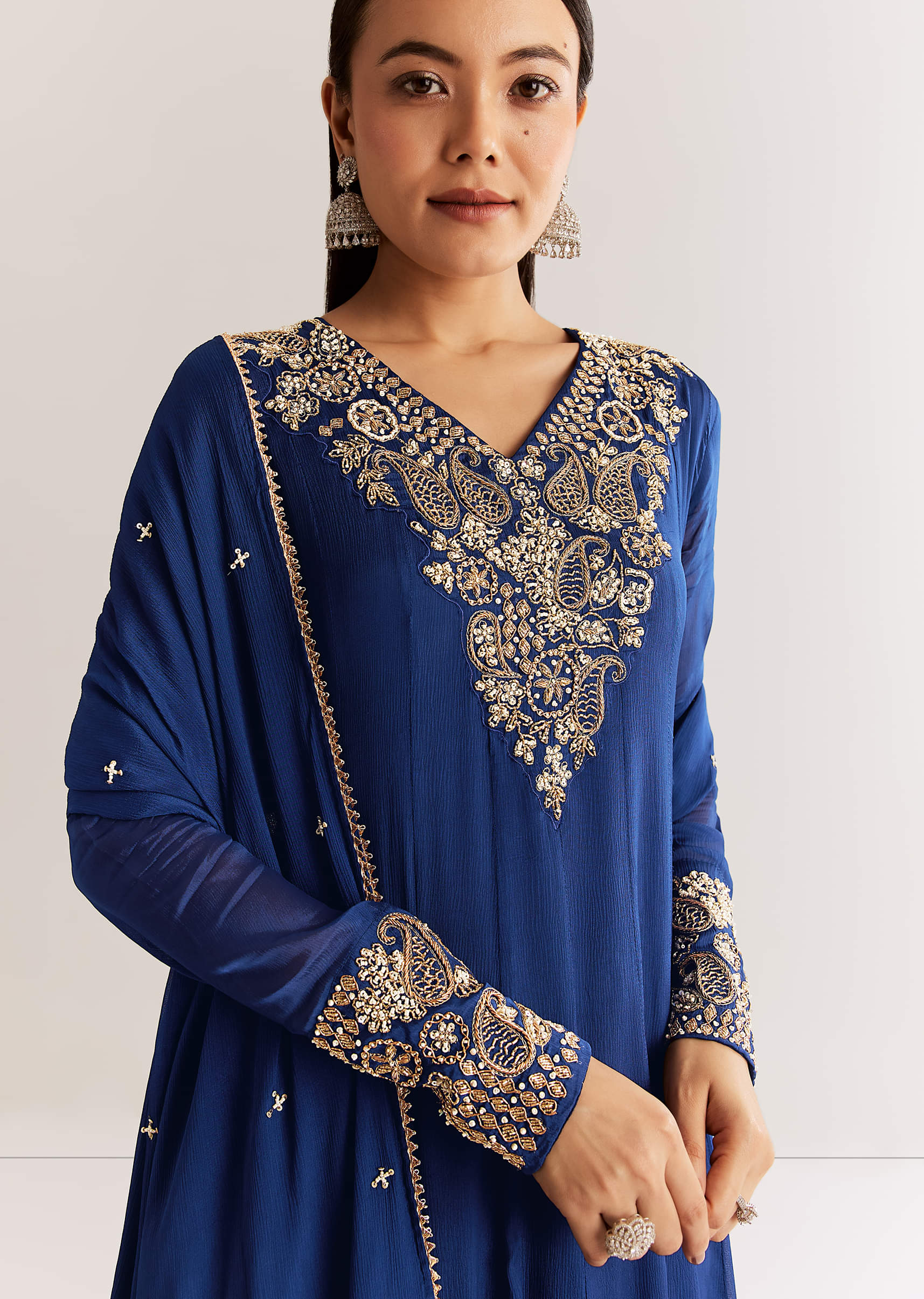 Navy Blue Chinon Anarkali Set With Cutdana Moti And Gotta Lace Dupatta - Image 2