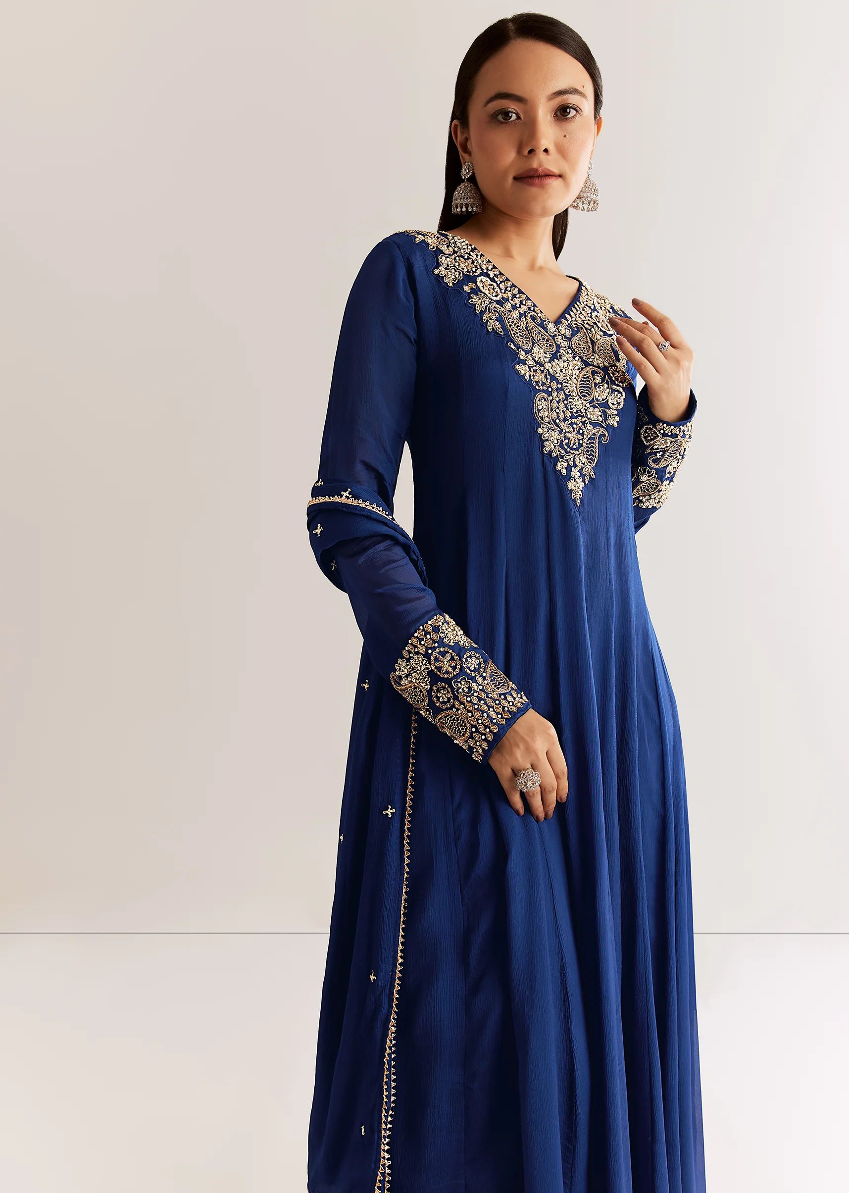 Navy Blue Chinon Anarkali Set With Cutdana Moti And Gotta Lace Dupatta - Image 3