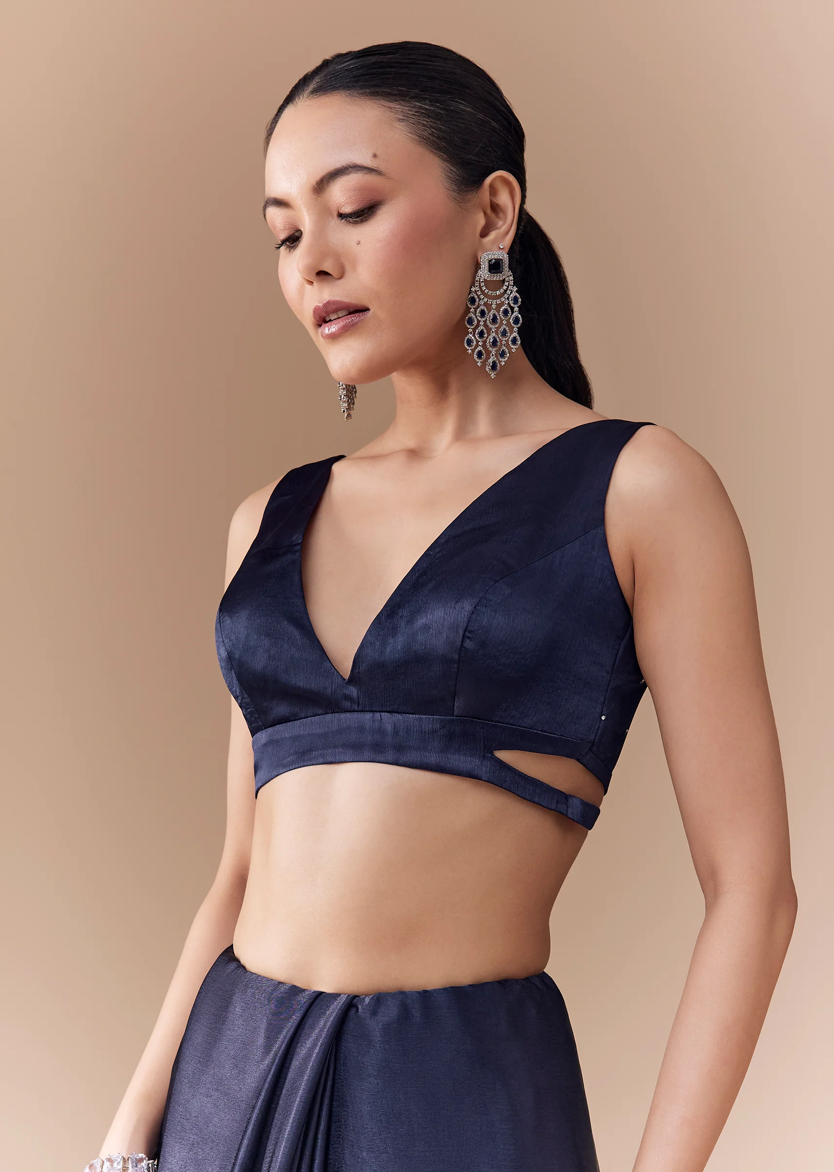 Navy Blue Chinon Embroidered Border Saree with Blouse Fabric - Image 7