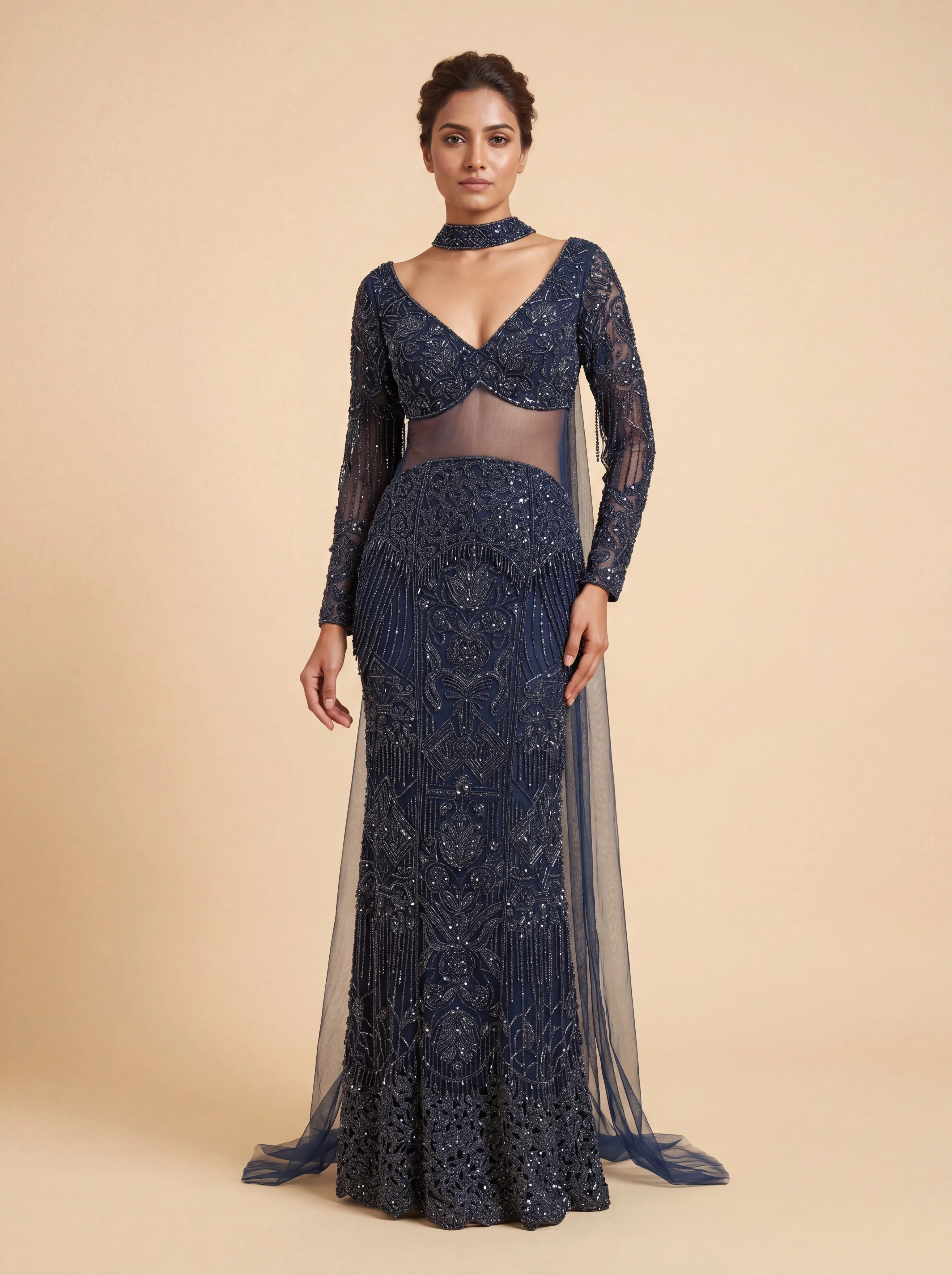 Navy Blue Contemporary Bridal Lehenga With Sequin Embroidery  Mermaid Fit