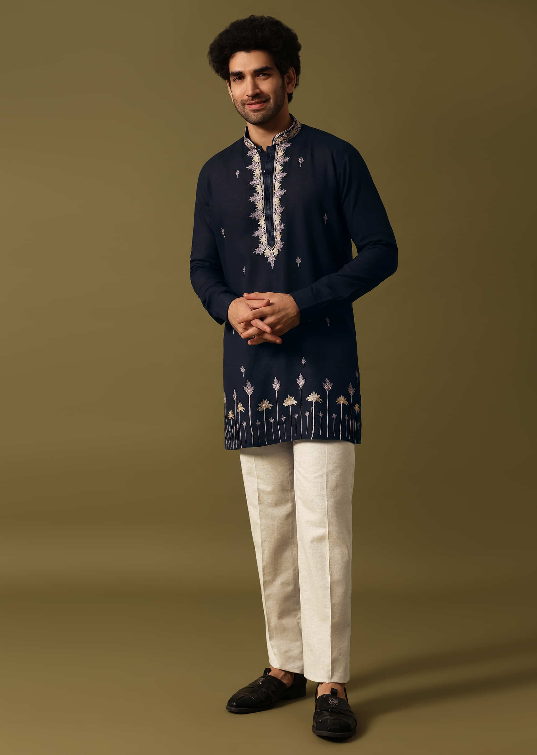 Navy Blue Cotton Kurta Set With Resham Work For Men - Image 4