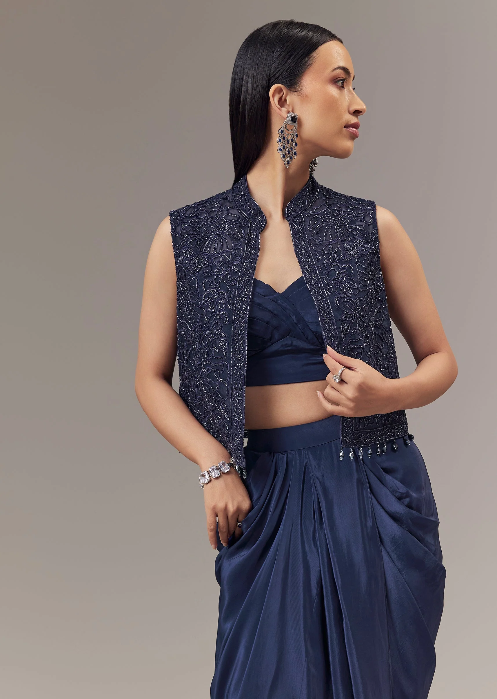 Navy Blue Crepe Indo Western Crop Top And Draped Skirt Set With Embroidered Jacket - Image 5