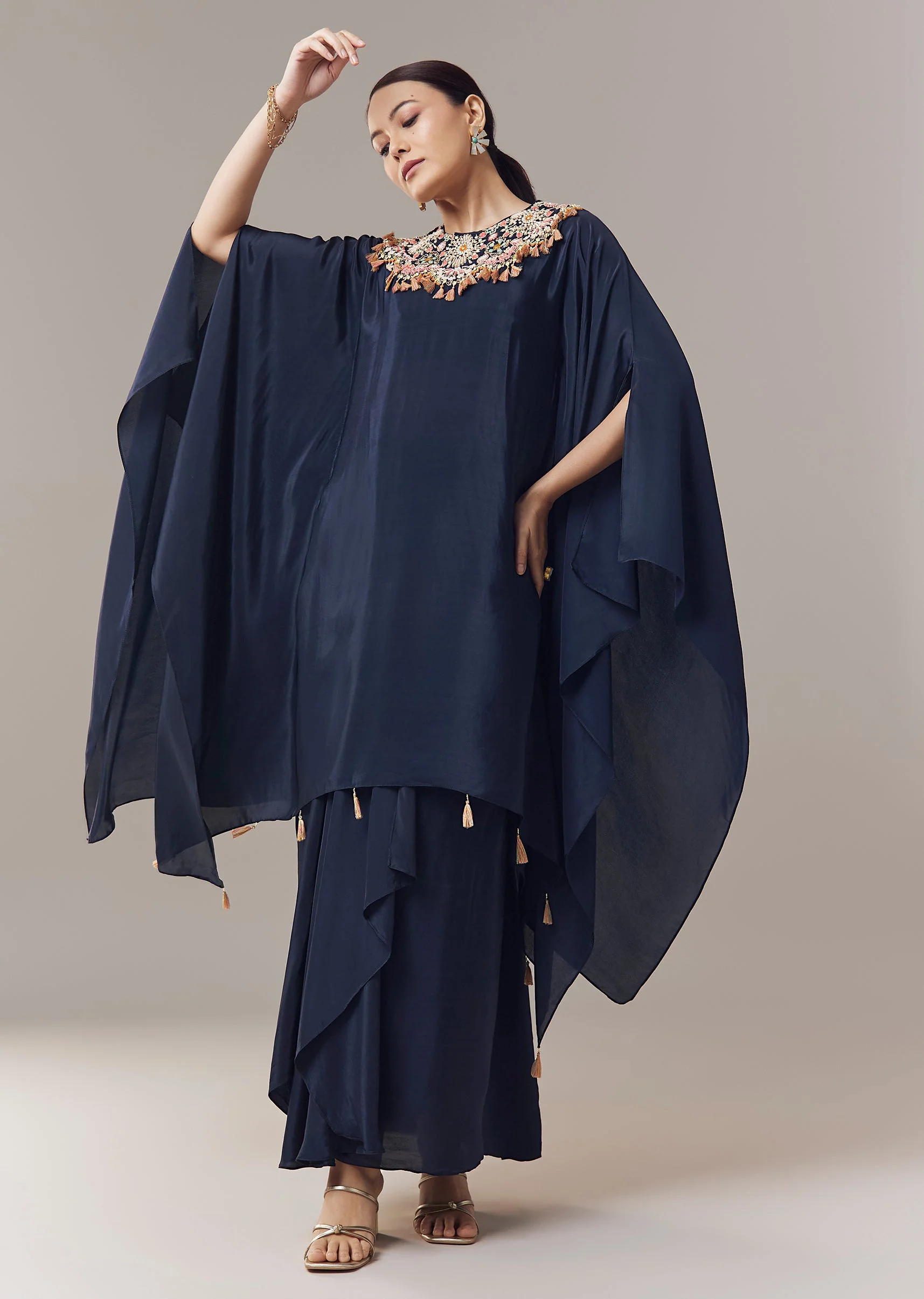 Navy Blue Crop Top And Skirt Set With Zardosi Work