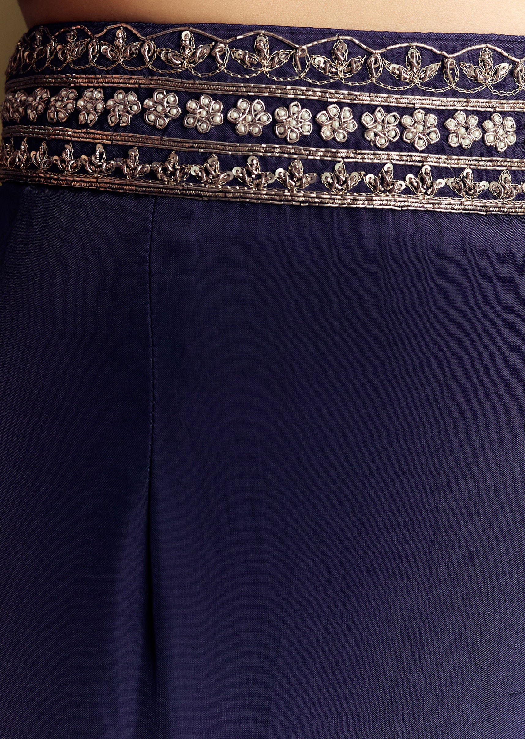 Navy Blue Crop Top Set With Silver Zardozi Cape - Image 6