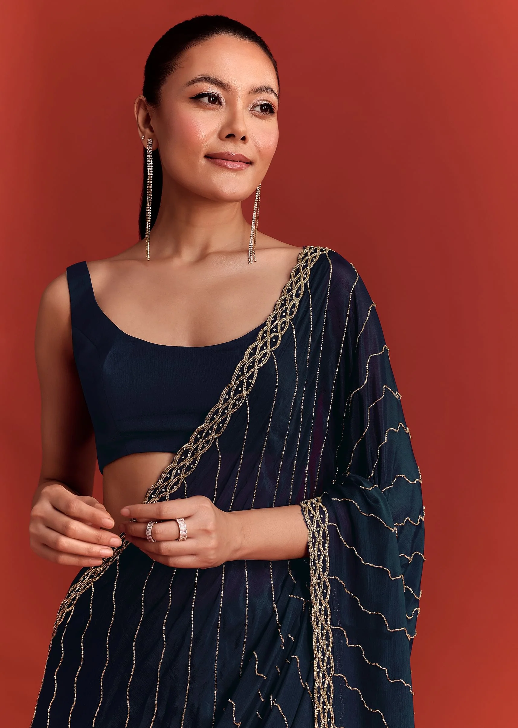 Navy Blue Cutdana Work Chinnon Saree - Image 2