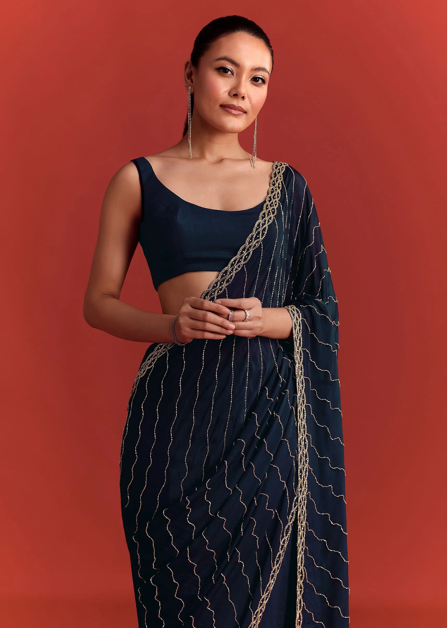 Navy Blue Cutdana Work Chinnon Saree - Image 5
