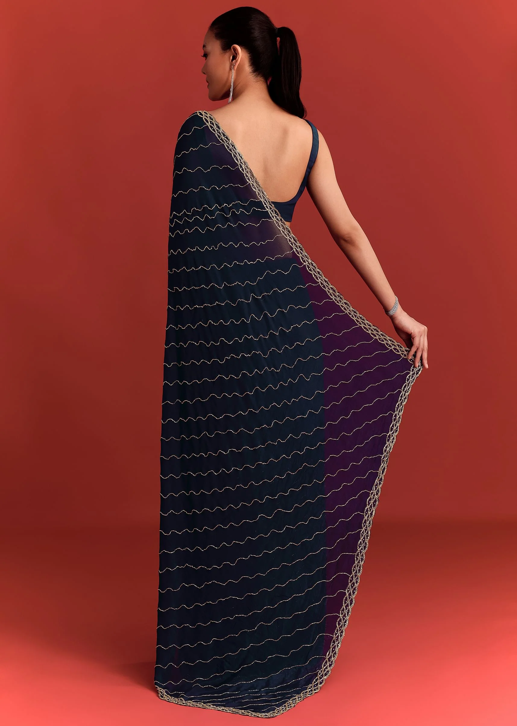 Navy Blue Cutdana Work Chinnon Saree - Image 6