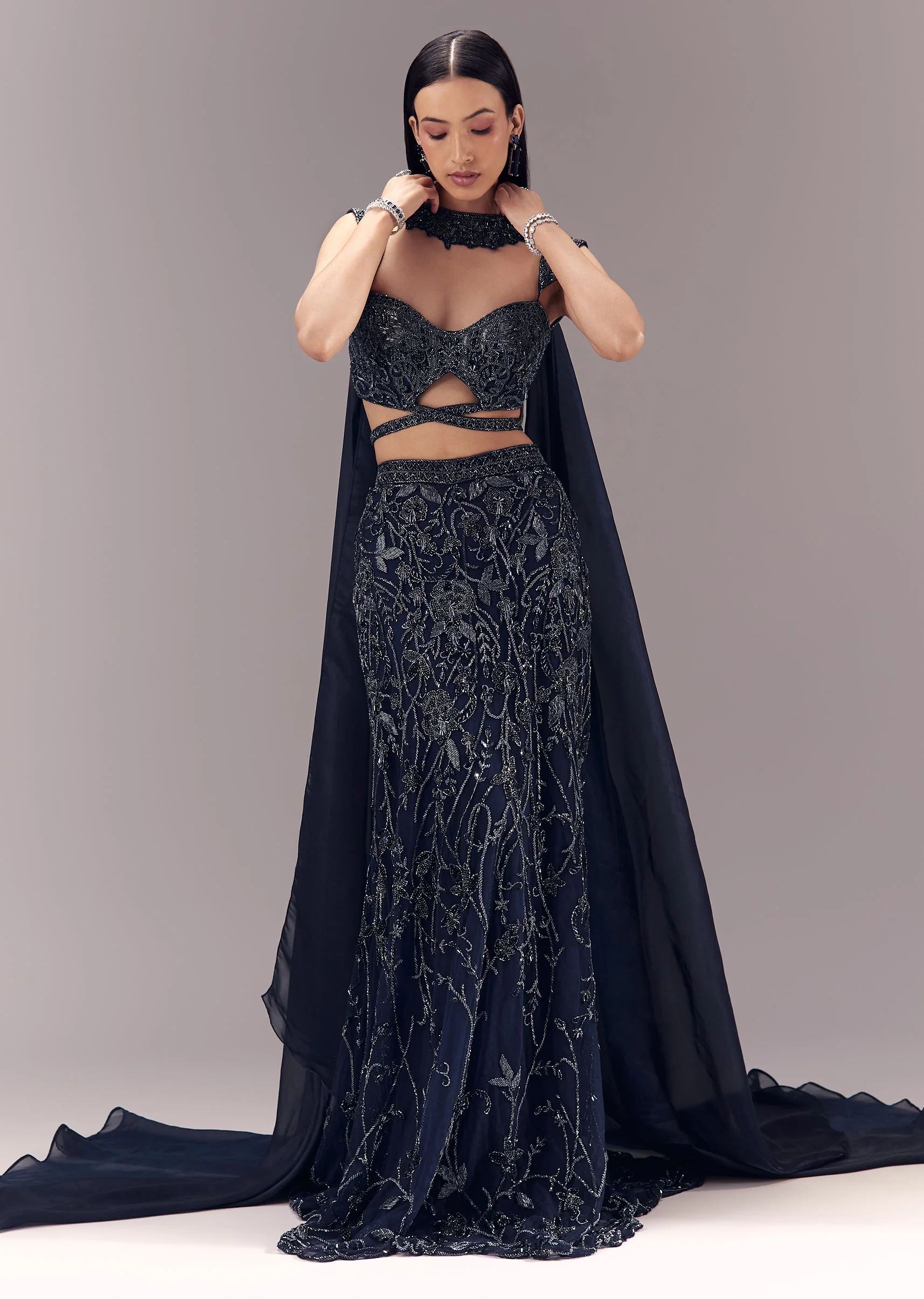 Navy Blue Embellished Fishcut Lehenga Set with Choker Dupatta - Image 4