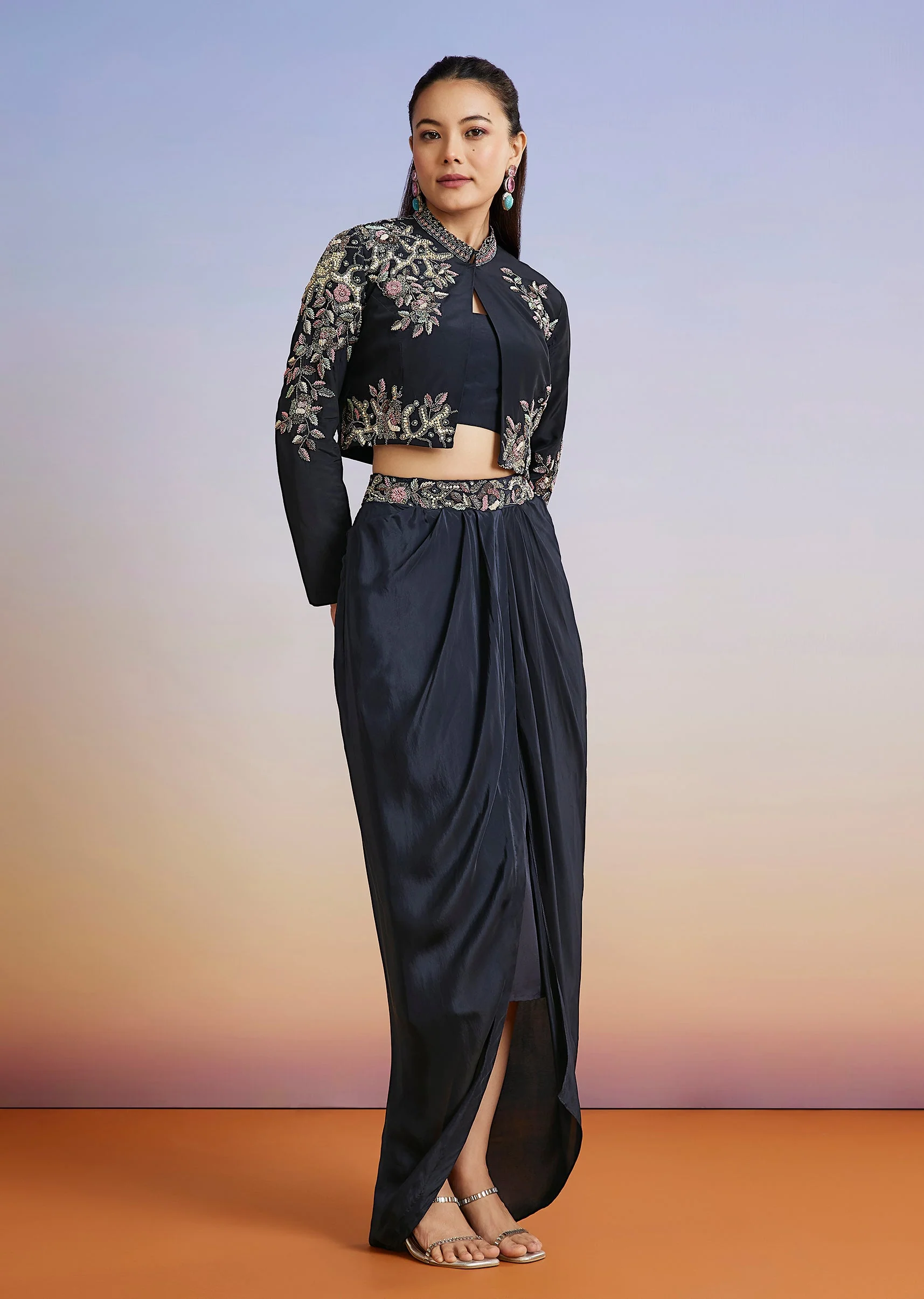 Navy Blue Embellished Jacket Style Crop Top Skirt Set - Image 3