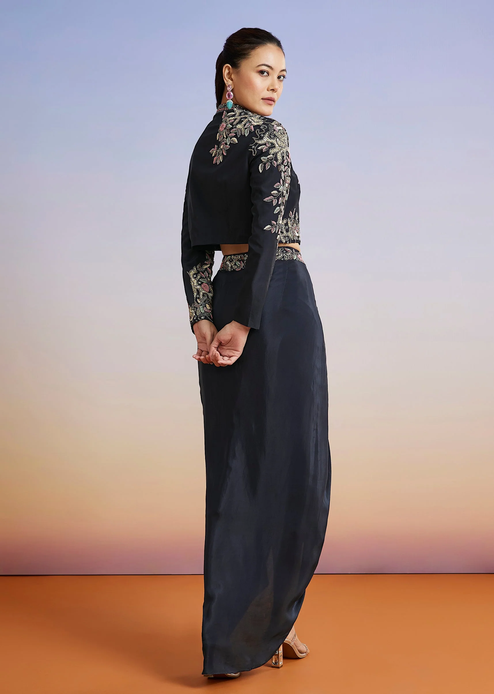 Navy Blue Embellished Jacket Style Crop Top Skirt Set - Image 5