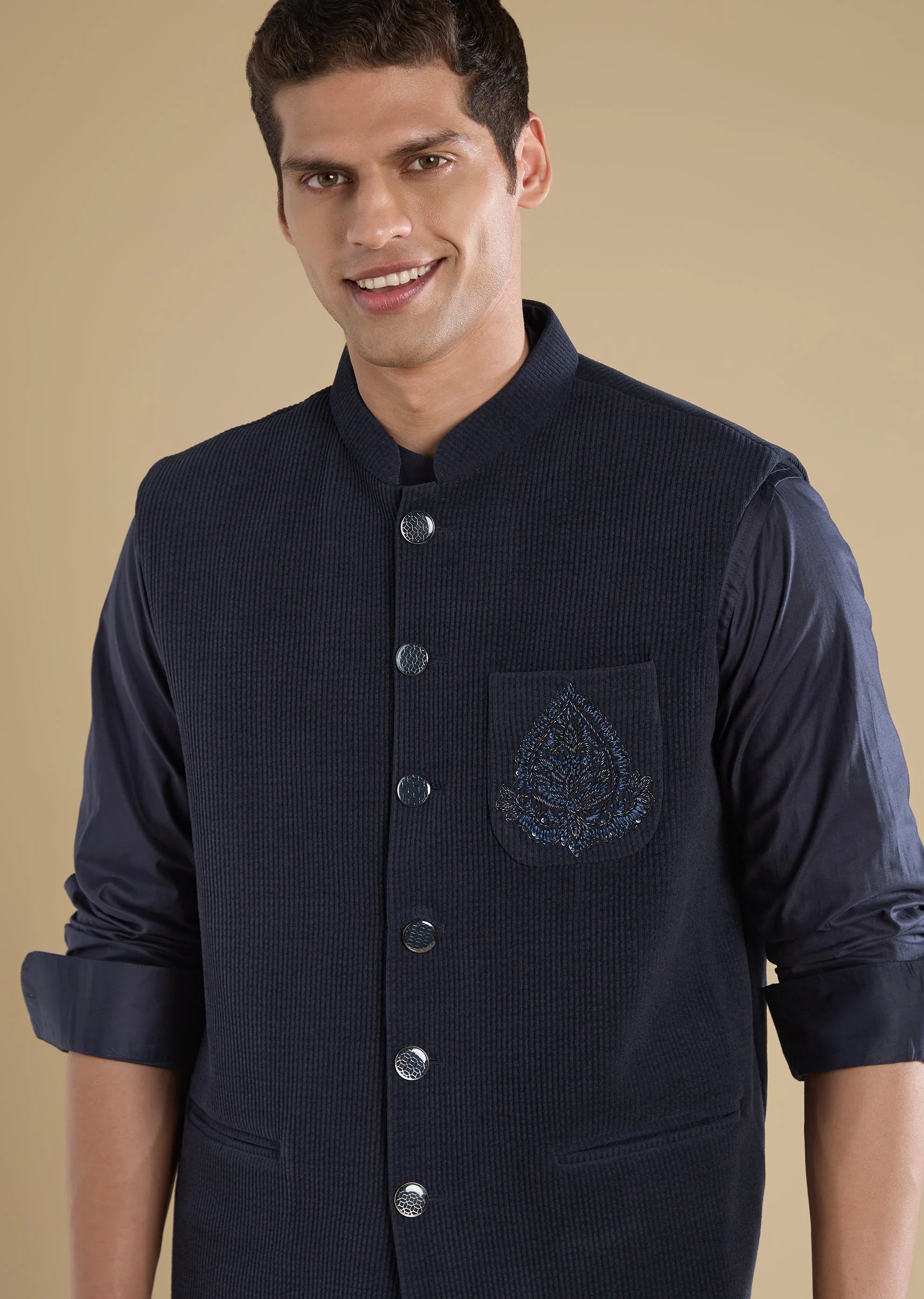 Navy Blue Embroidered Jacket Kurta