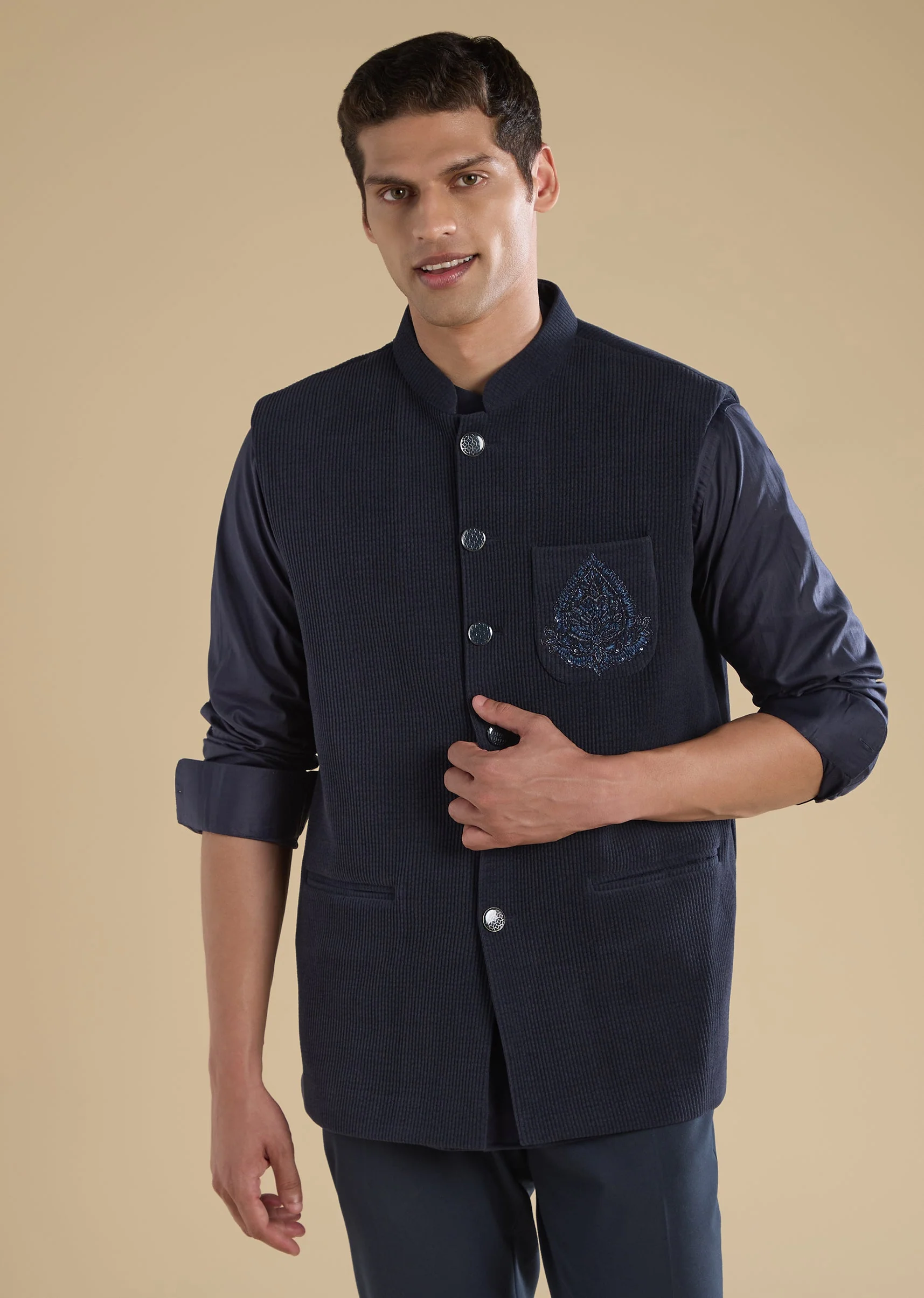 Navy Blue Embroidered Jacket Kurta - Image 3