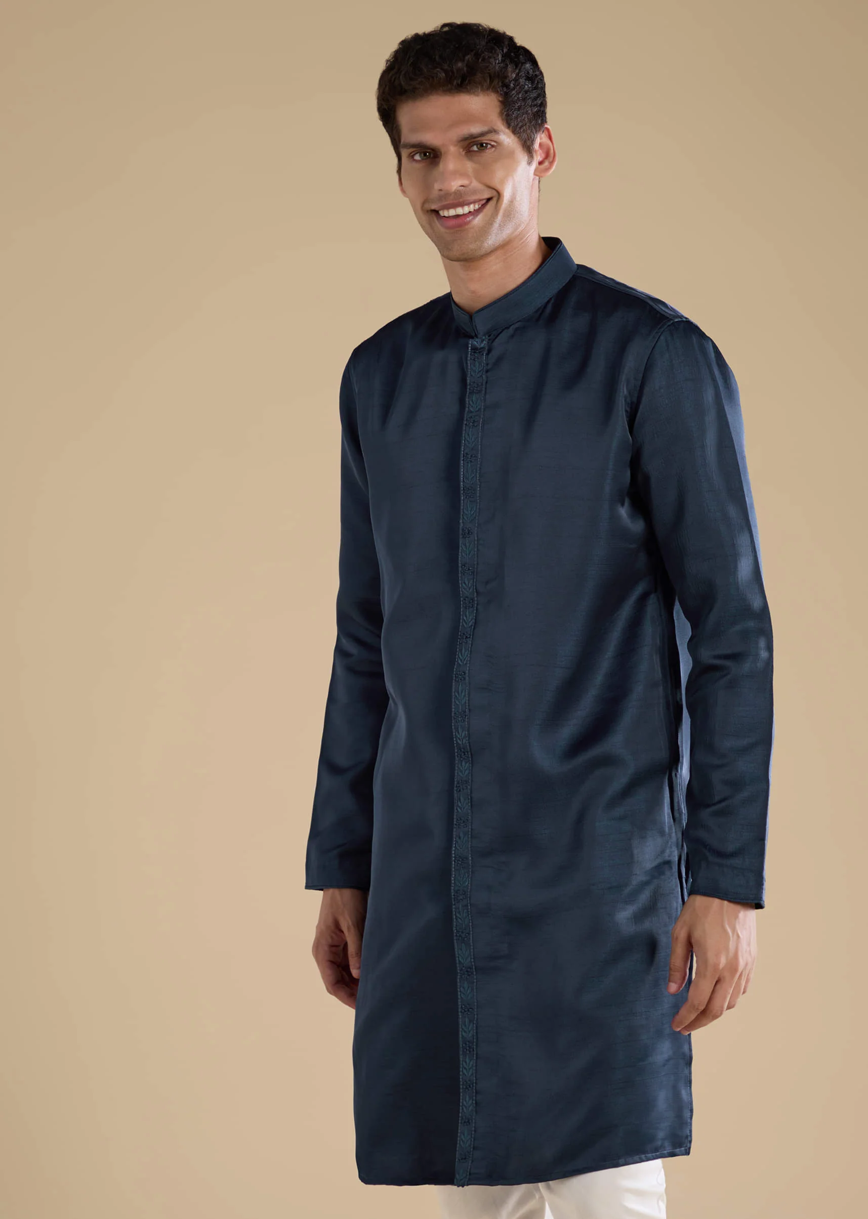 Navy Blue Embroidered Mens Jacket Kurta and Pant Set - Image 6