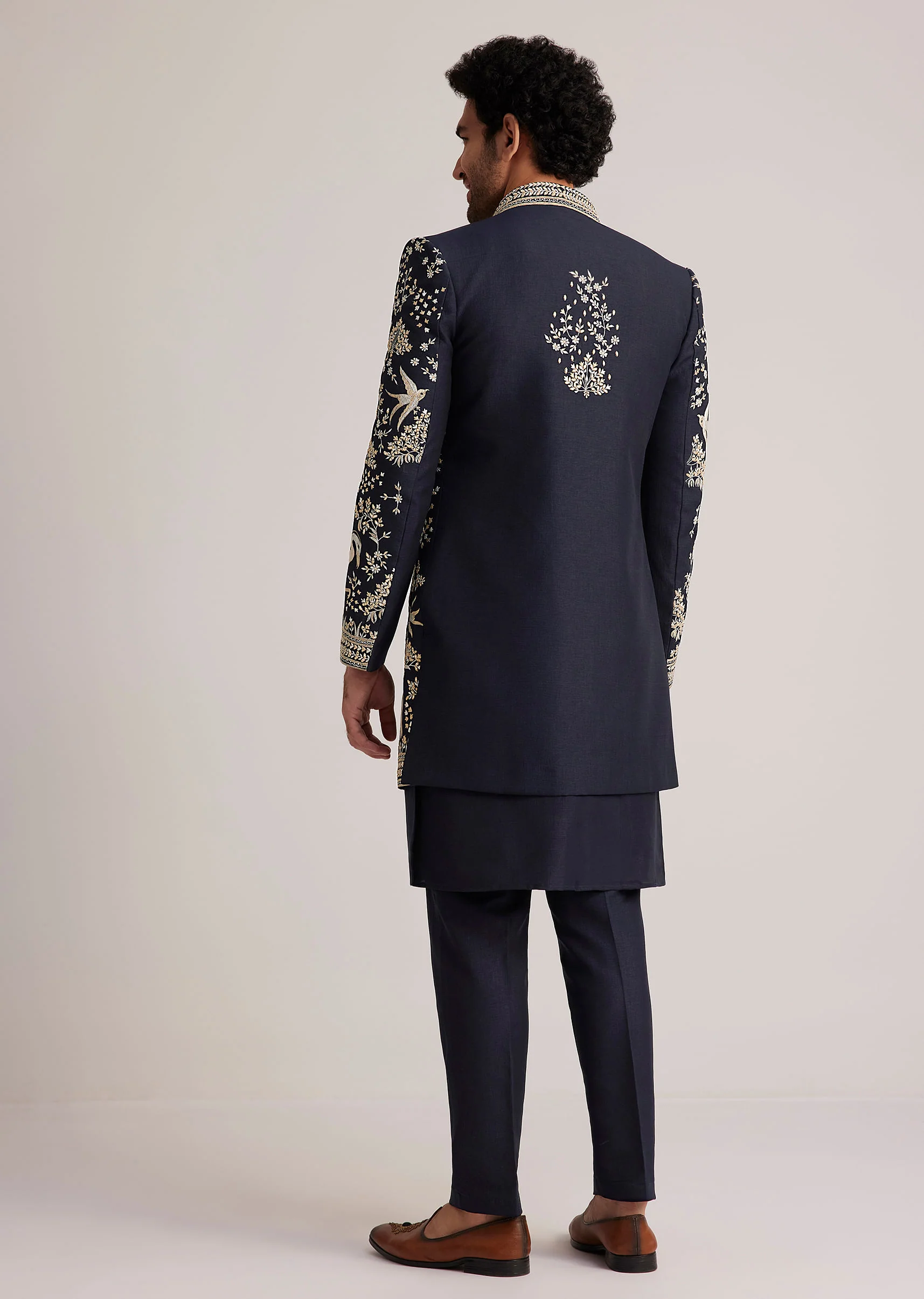 Navy Blue Embroidered Sherwani Kurta Set - Image 5