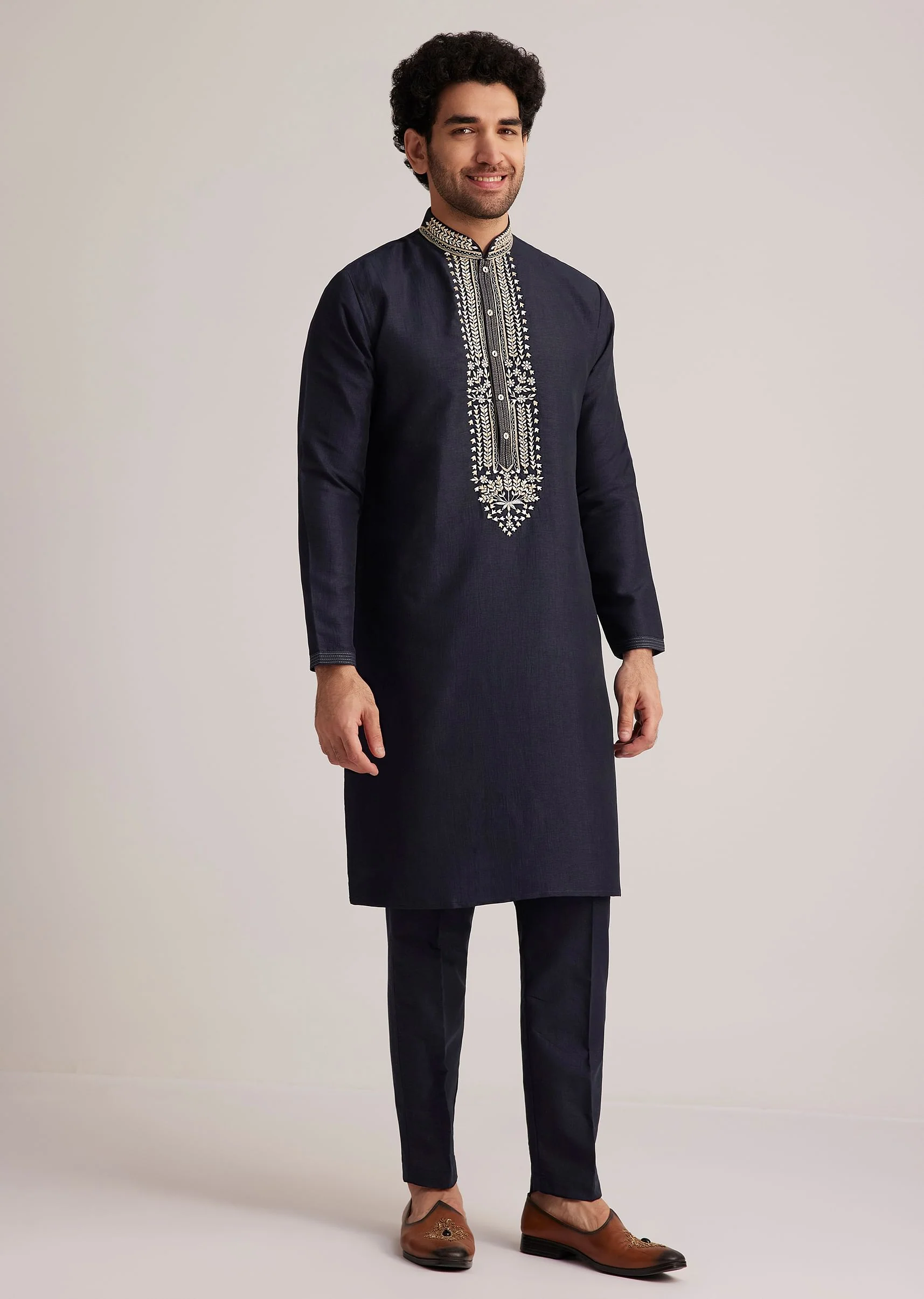 Navy Blue Embroidered Sherwani Kurta Set - Image 6