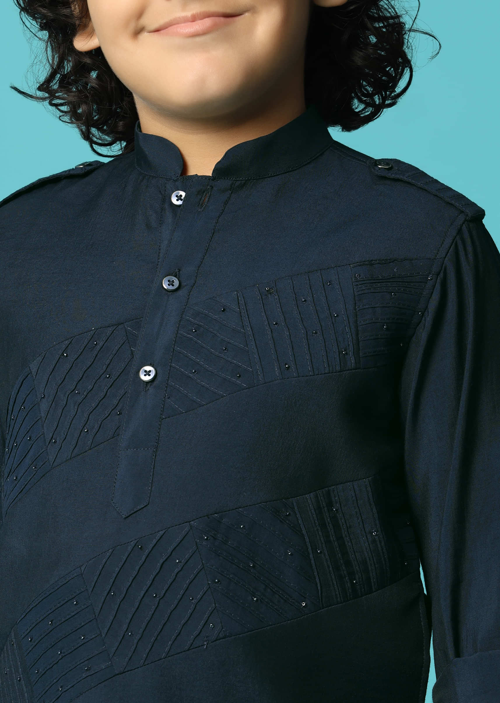 Navy Blue Embroidered Silk Kurta Pant For Boys - Image 4