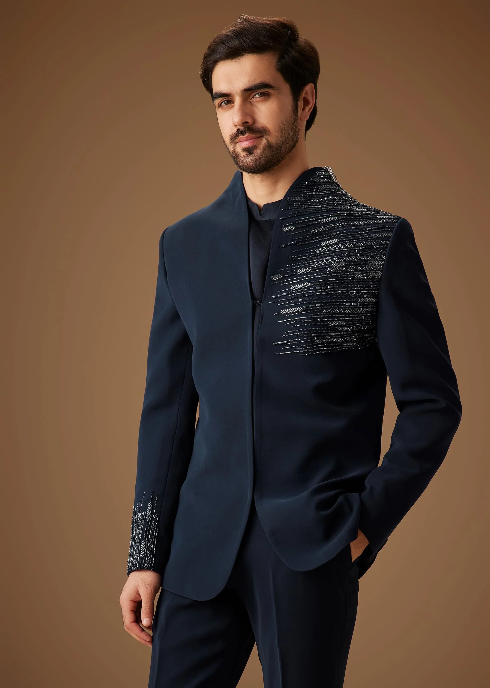 Navy Blue Embroidered Tuxedo Set - Image 3