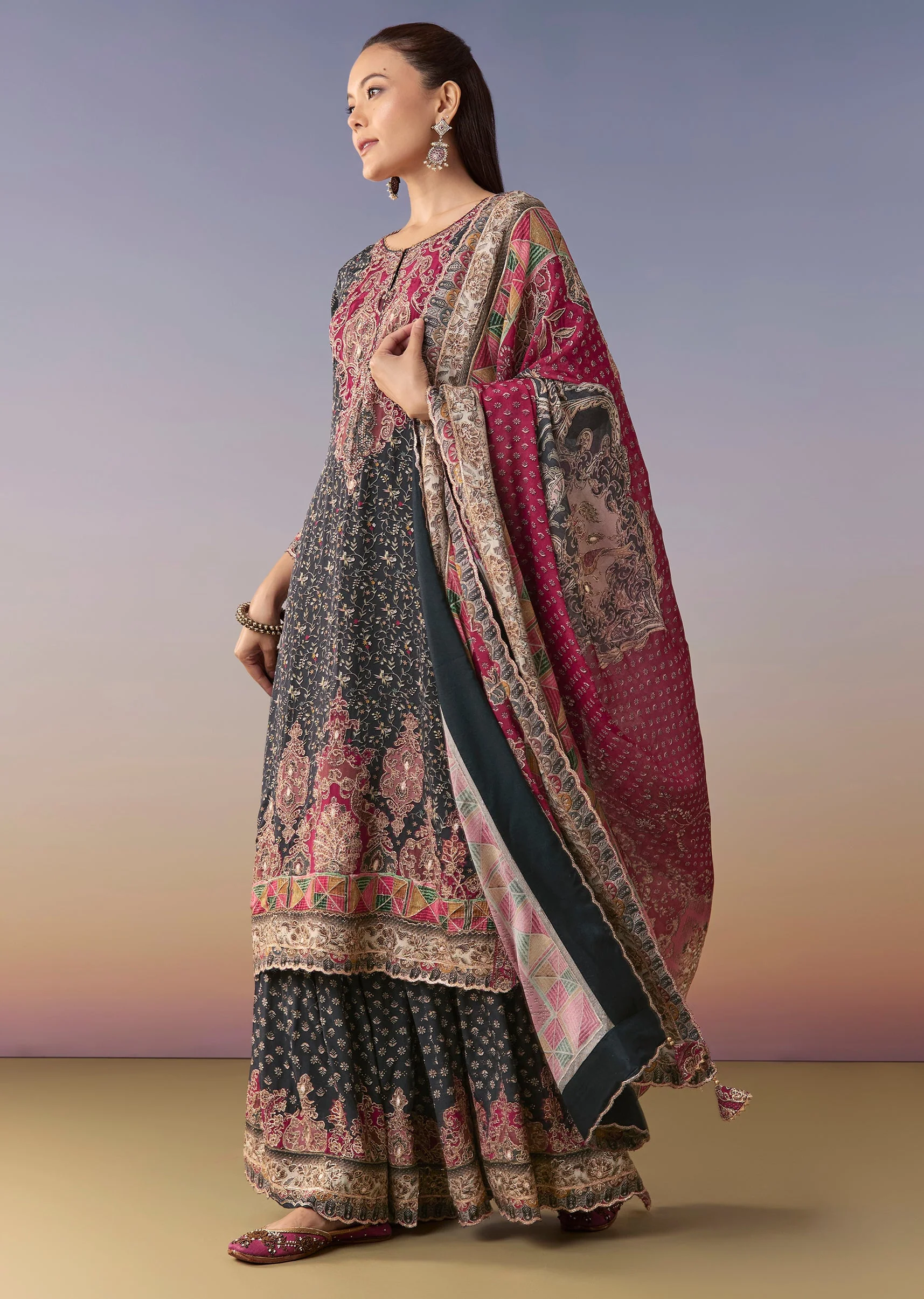 Navy Blue Floral Sharara Suit Set With Dupatta - Image 3
