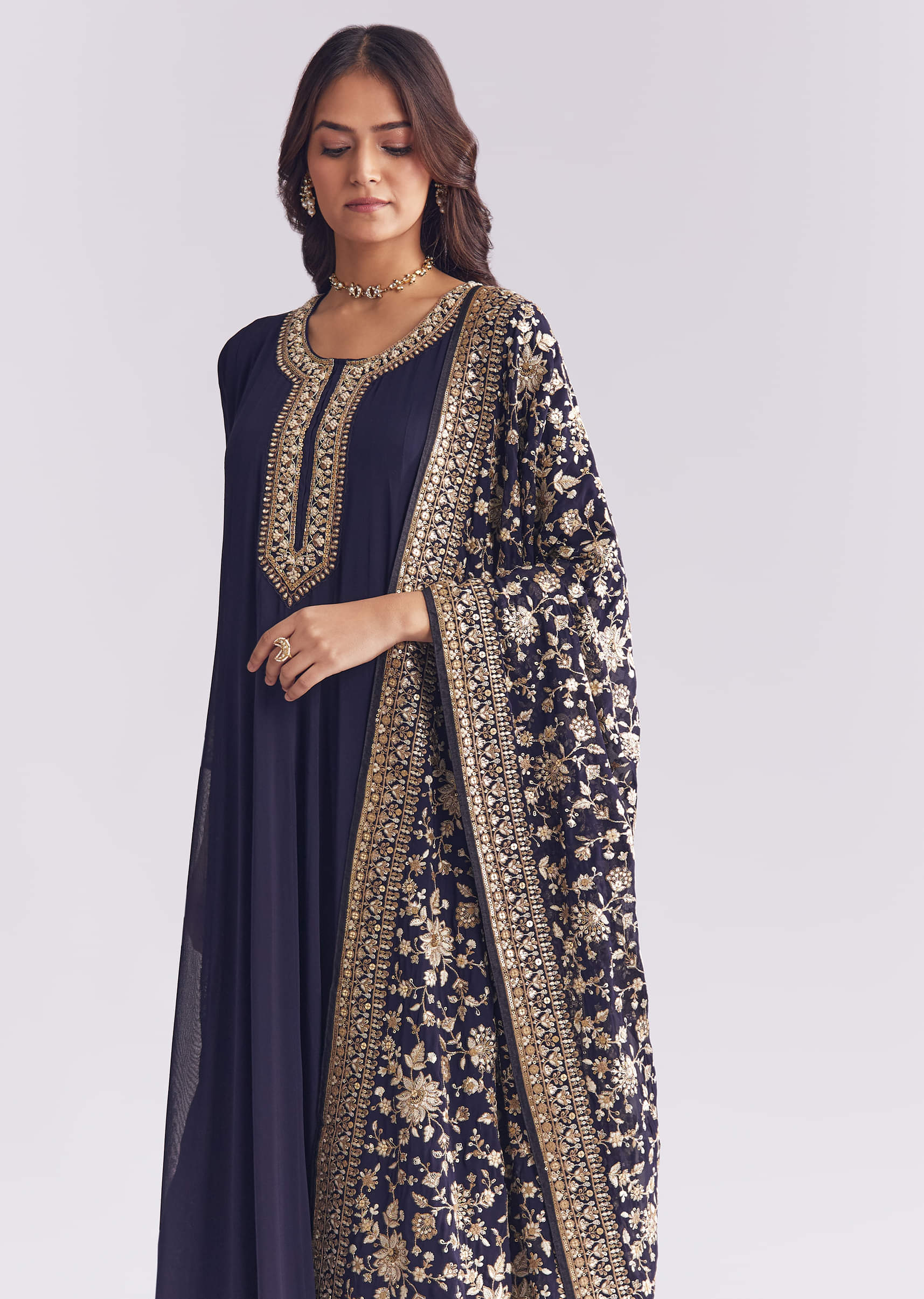 Navy Blue Georgette Anarkali Suit With Thread And Sequins Embroidery - Image 4