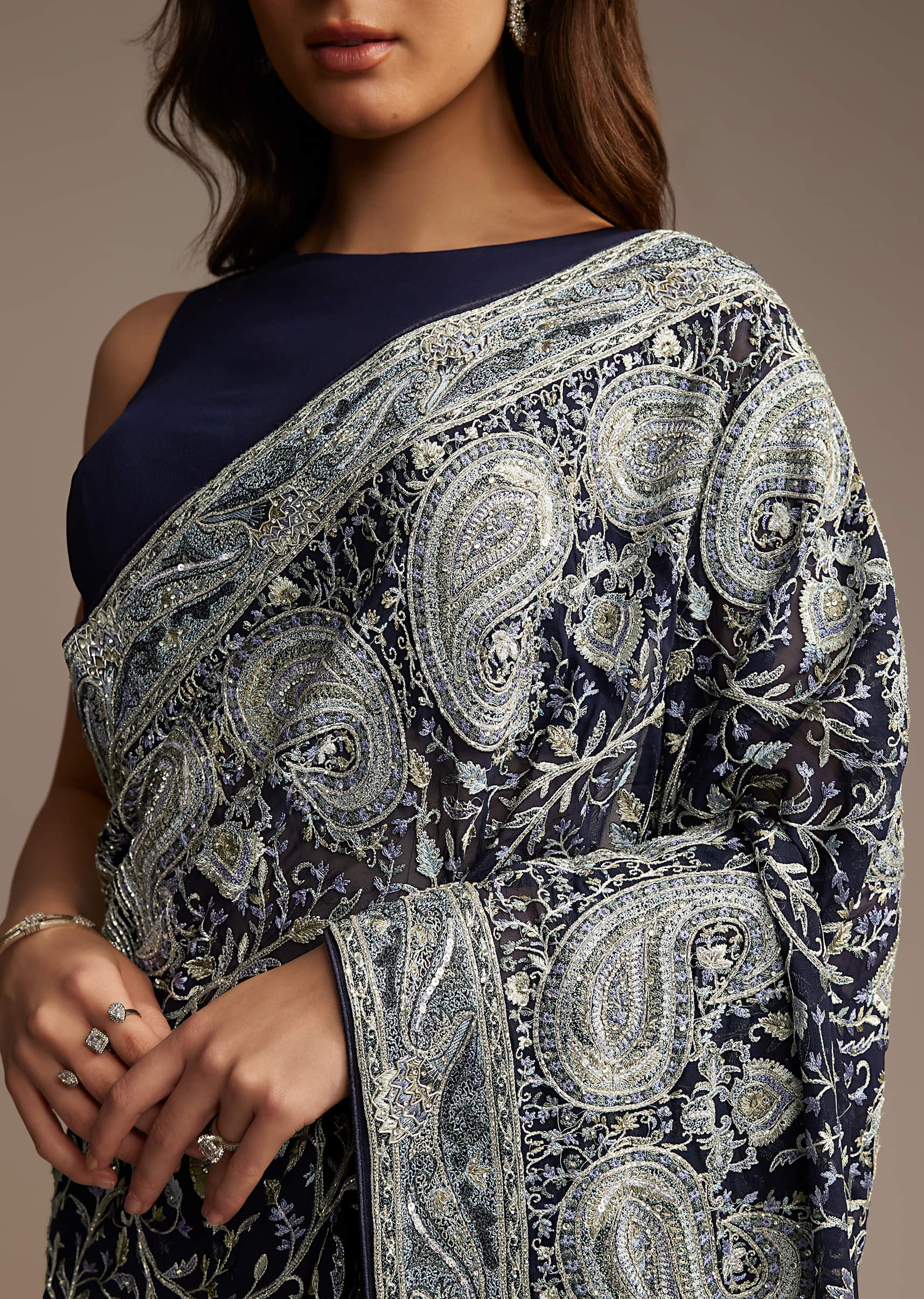 Navy Blue Georgette Saree with Heavy Floral Embroidery - Image 2