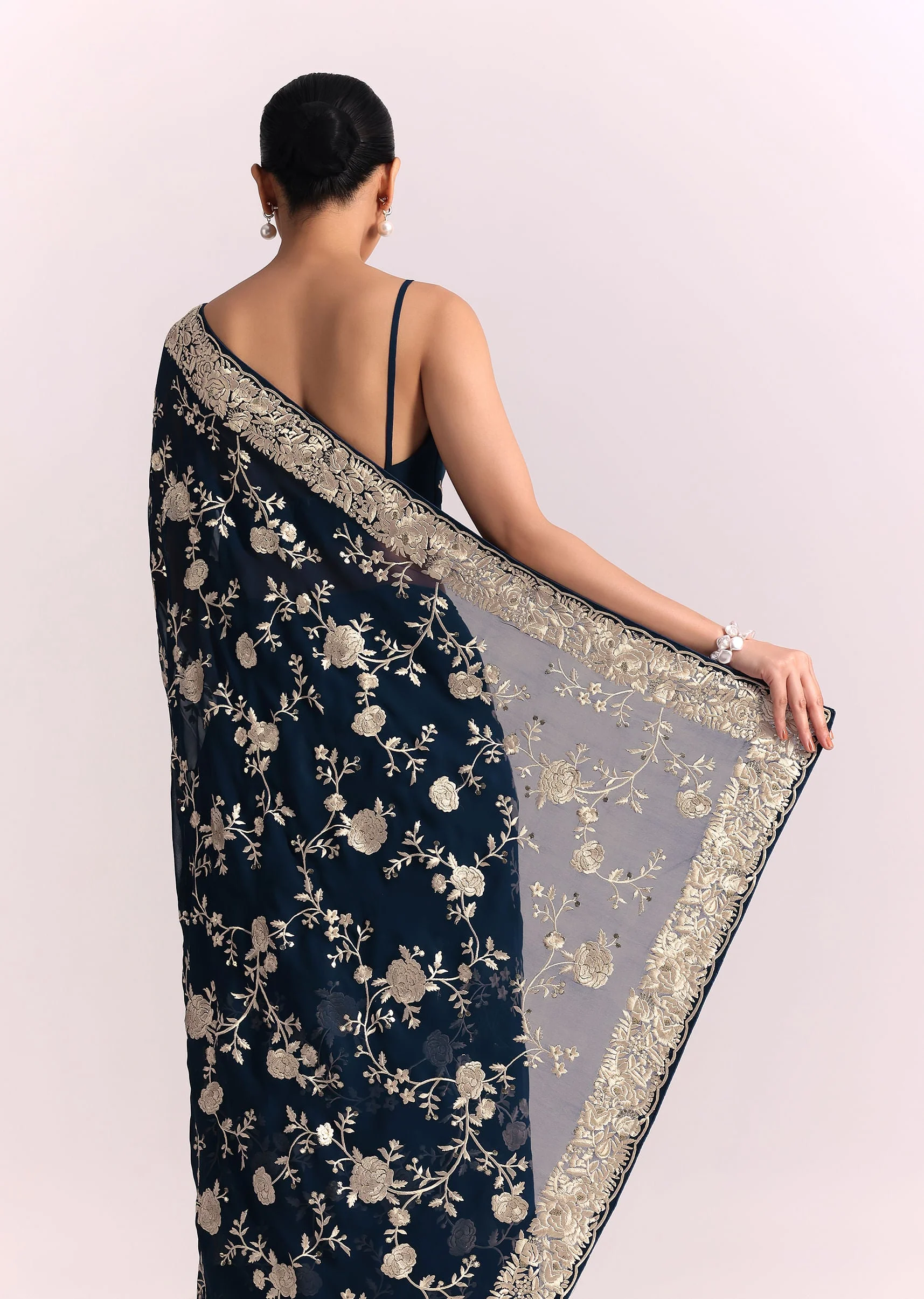 Navy Blue Georgette Saree With Parsi Gara Thread Embroidery - Image 4
