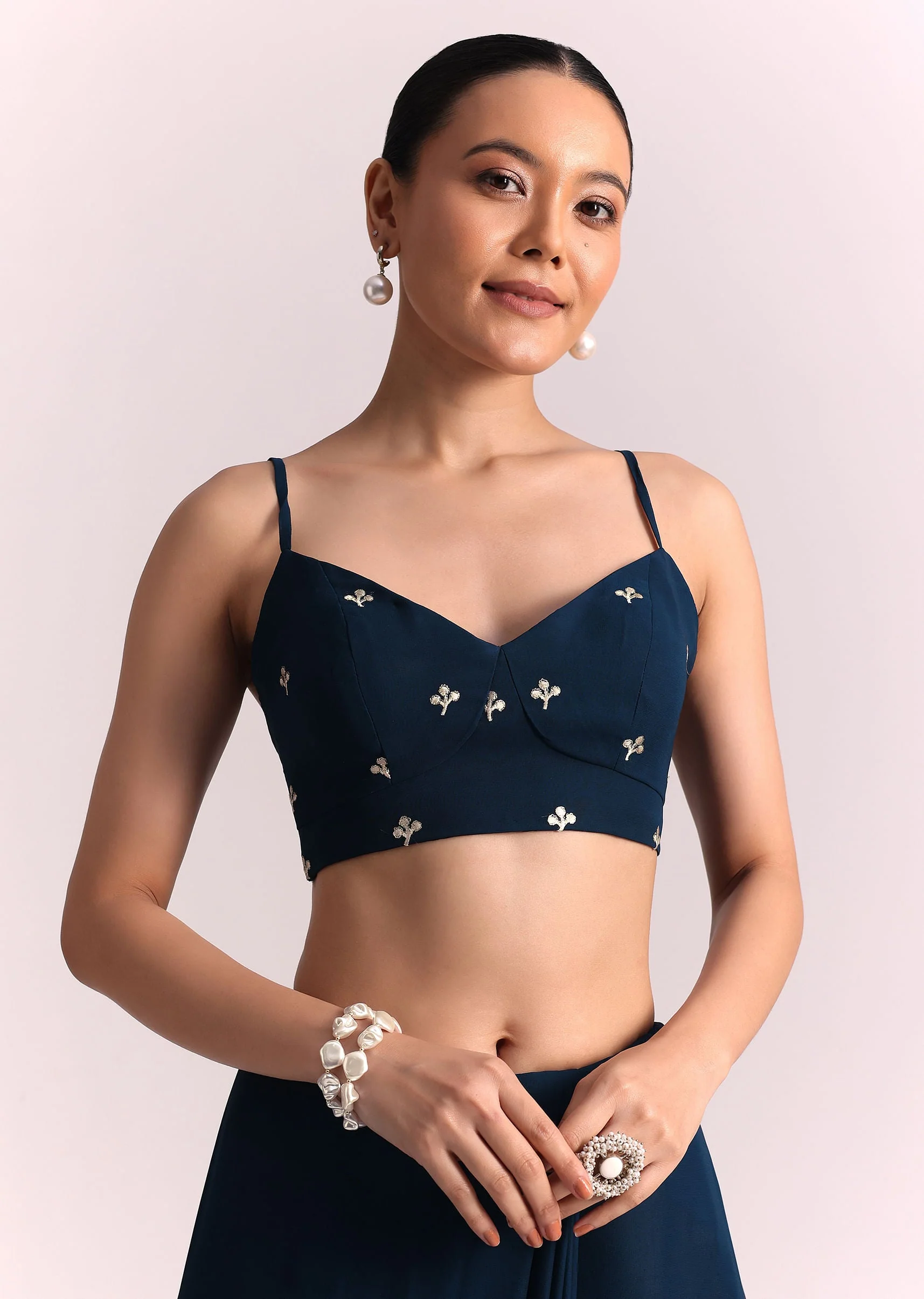 Navy Blue Georgette Saree With Parsi Gara Thread Embroidery - Image 7