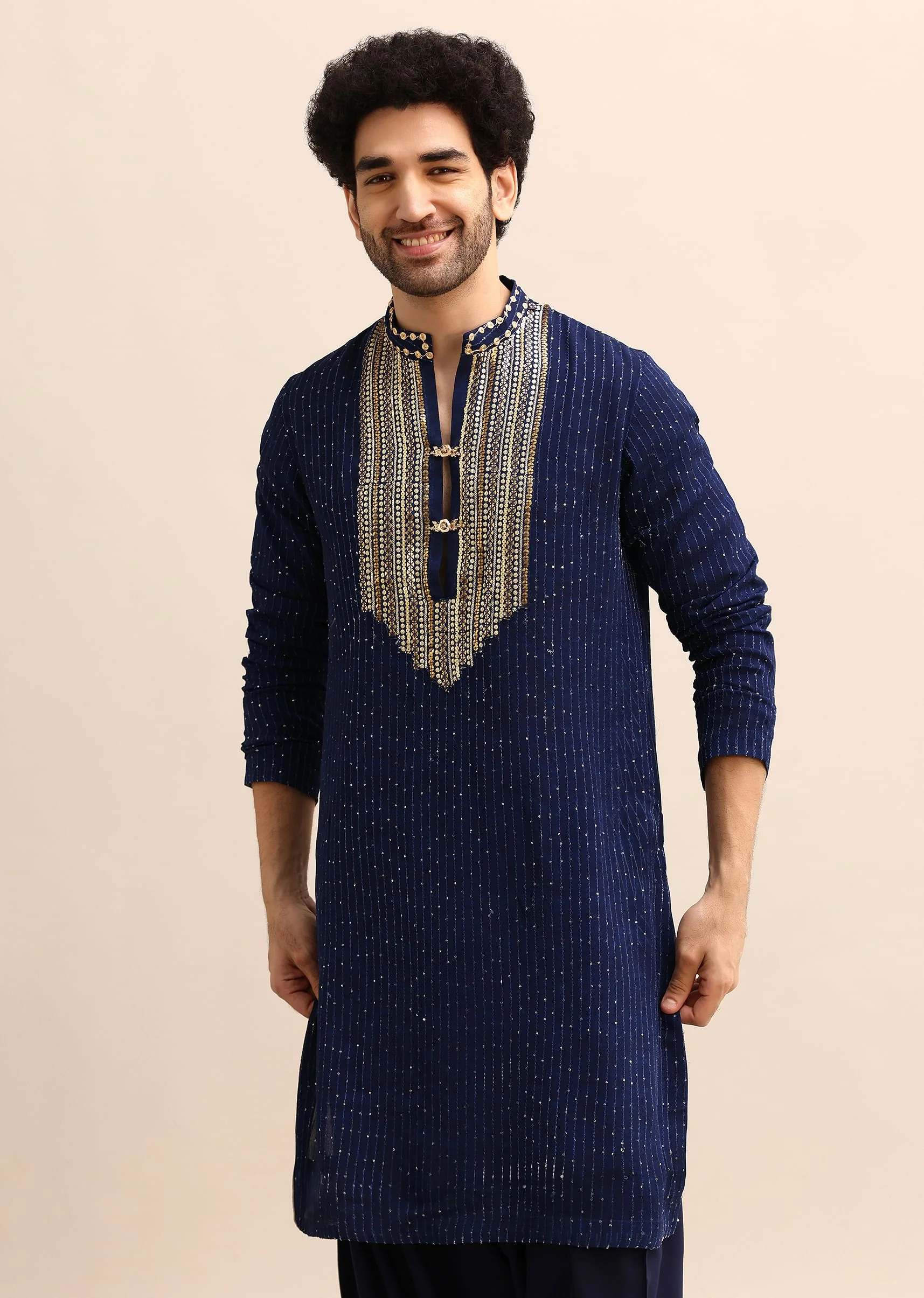 Navy Blue Gold Coin Work Kurta Salwar Set - Image 3