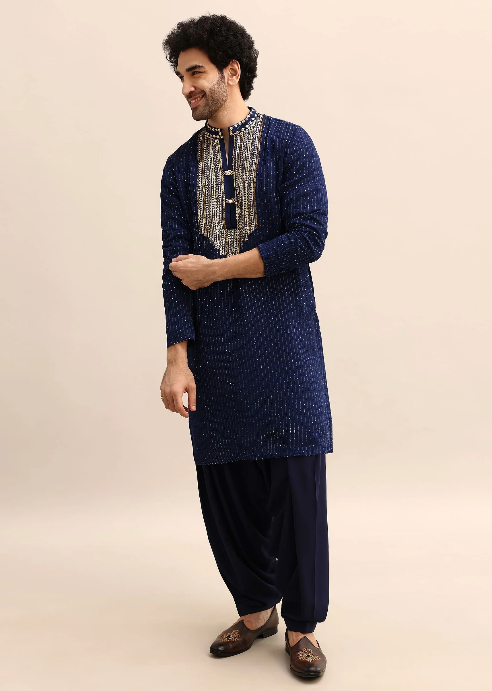Navy Blue Gold Coin Work Kurta Salwar Set - Image 4
