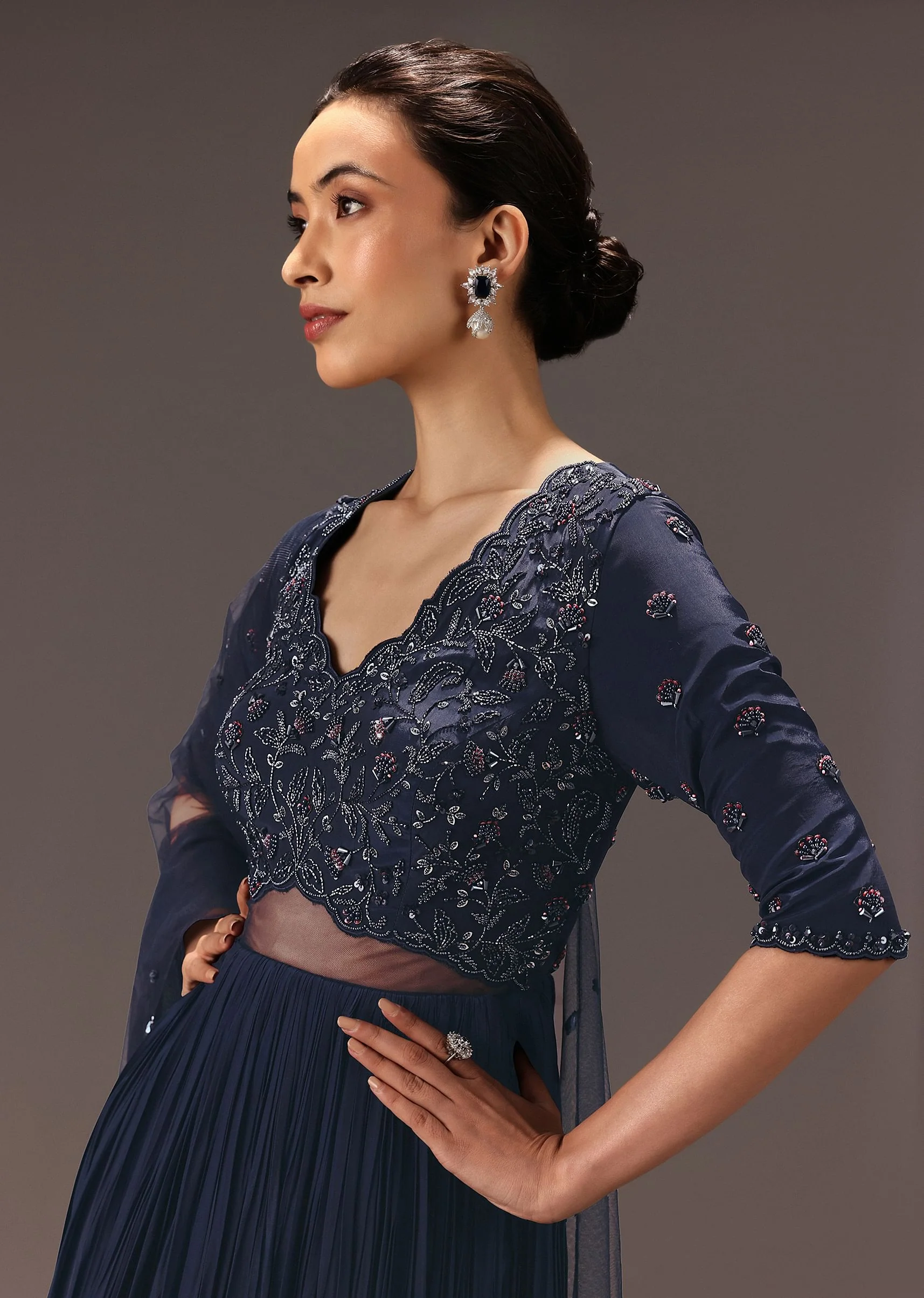 Navy Blue Hand Embroidered Anarkali Suit With Dupatta - Image 2