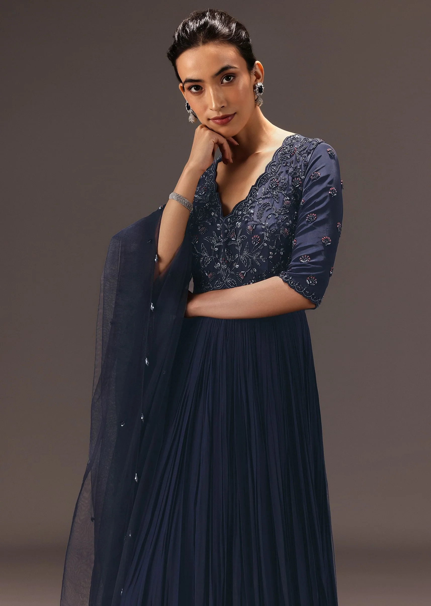 Navy Blue Hand Embroidered Anarkali Suit With Dupatta - Image 5