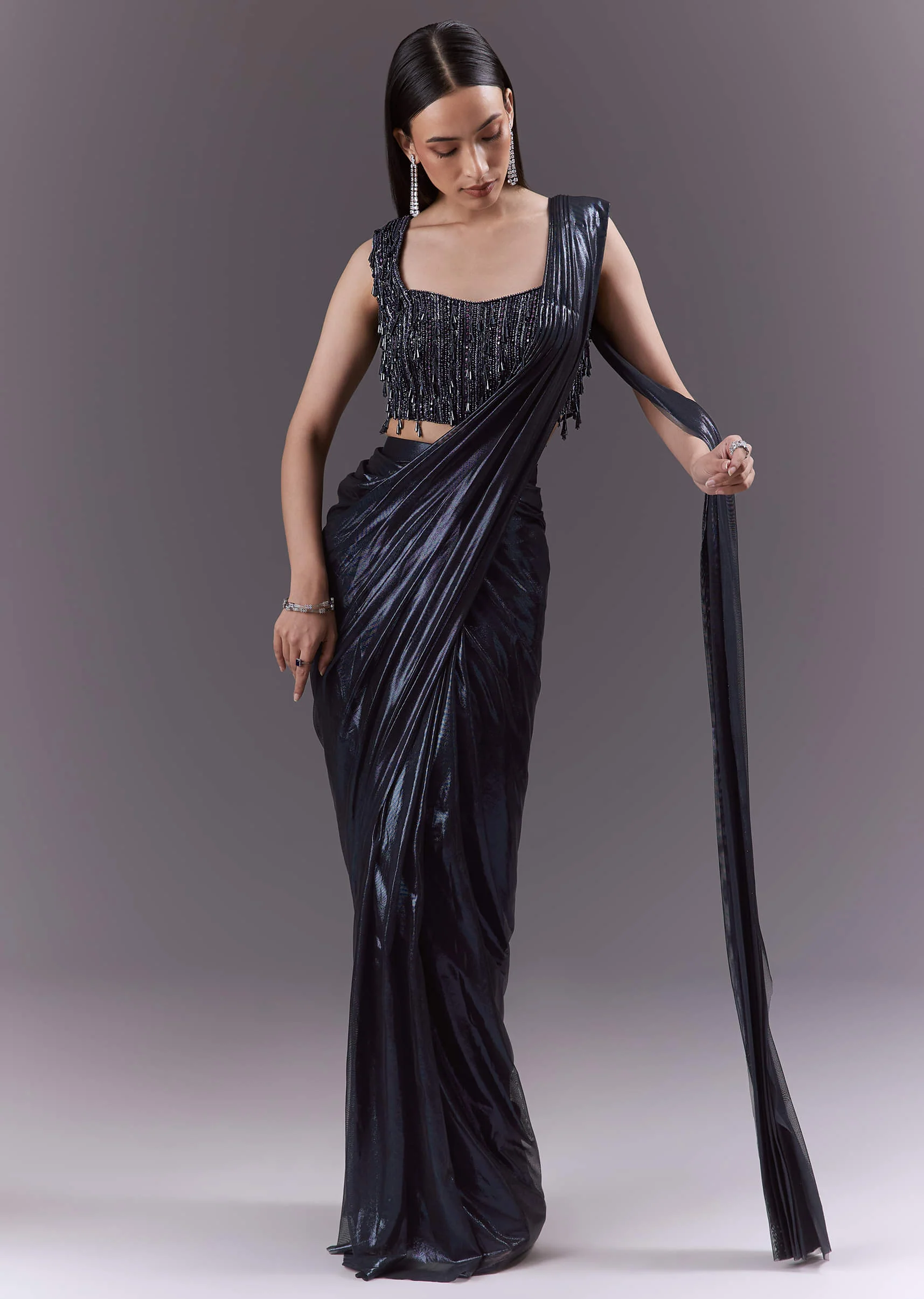 Navy Blue Imported Fabric Ready Pleated Saree With Heavy Embroidery