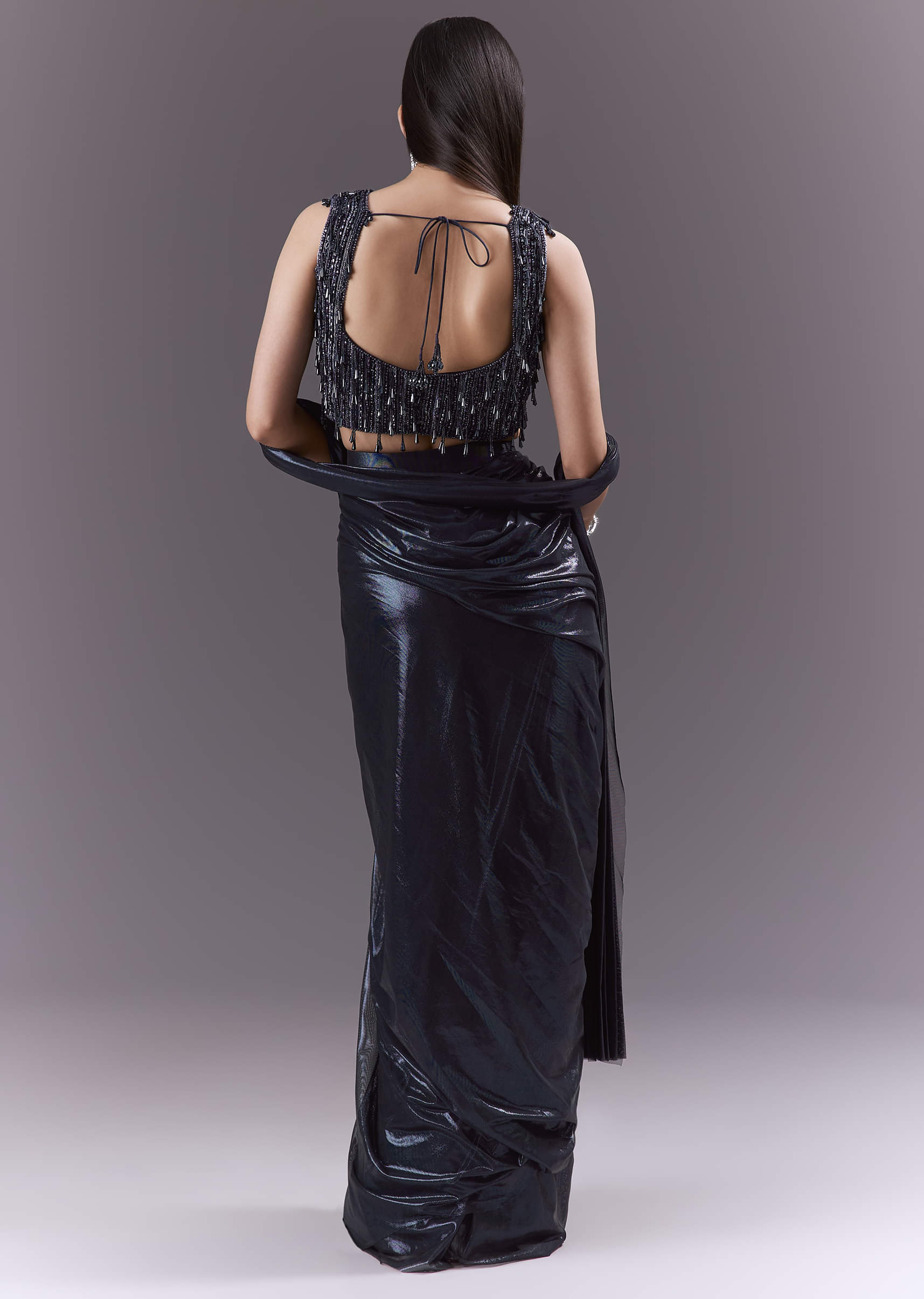 Navy Blue Imported Fabric Ready Pleated Saree With Heavy Embroidery - Image 2