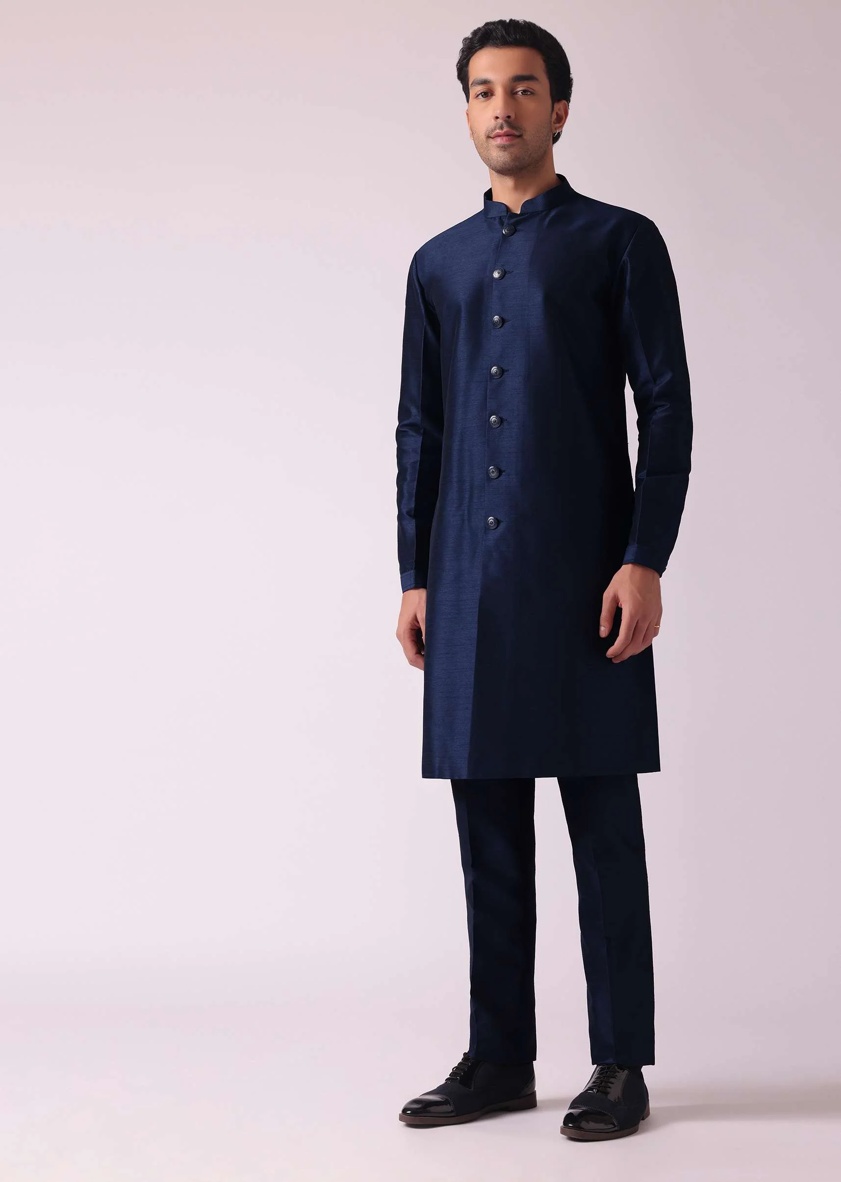Navy Blue Indowestern Set In Dupion - Image 2