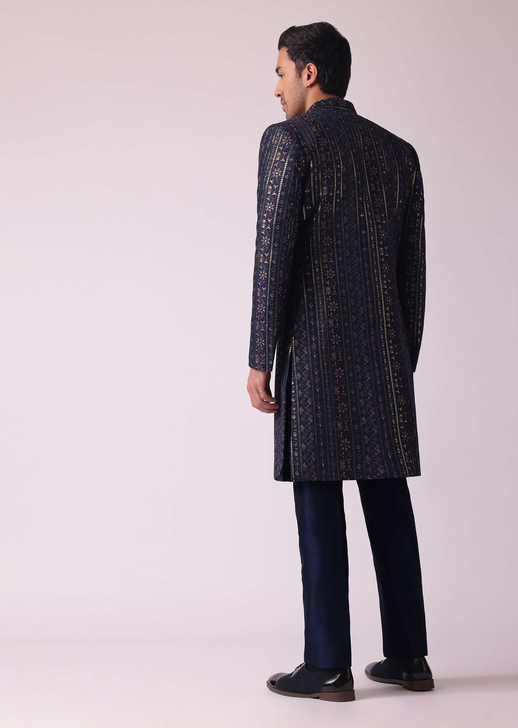 Navy Blue Indowestern Set In Dupion - Image 5