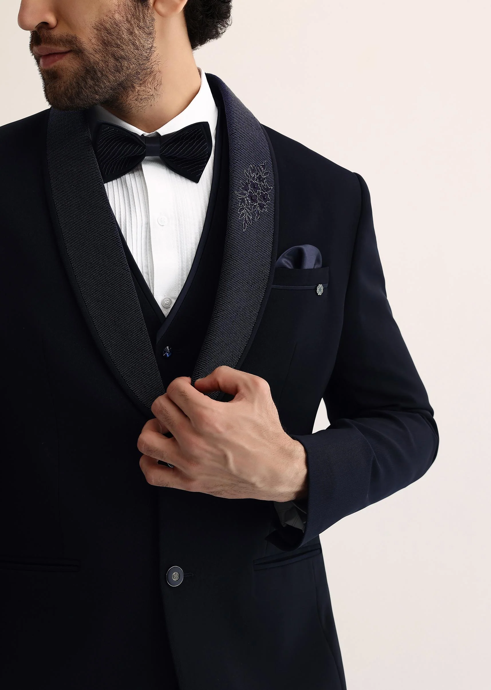 Navy Blue Intricate Embroidered Tuxedo - Image 2