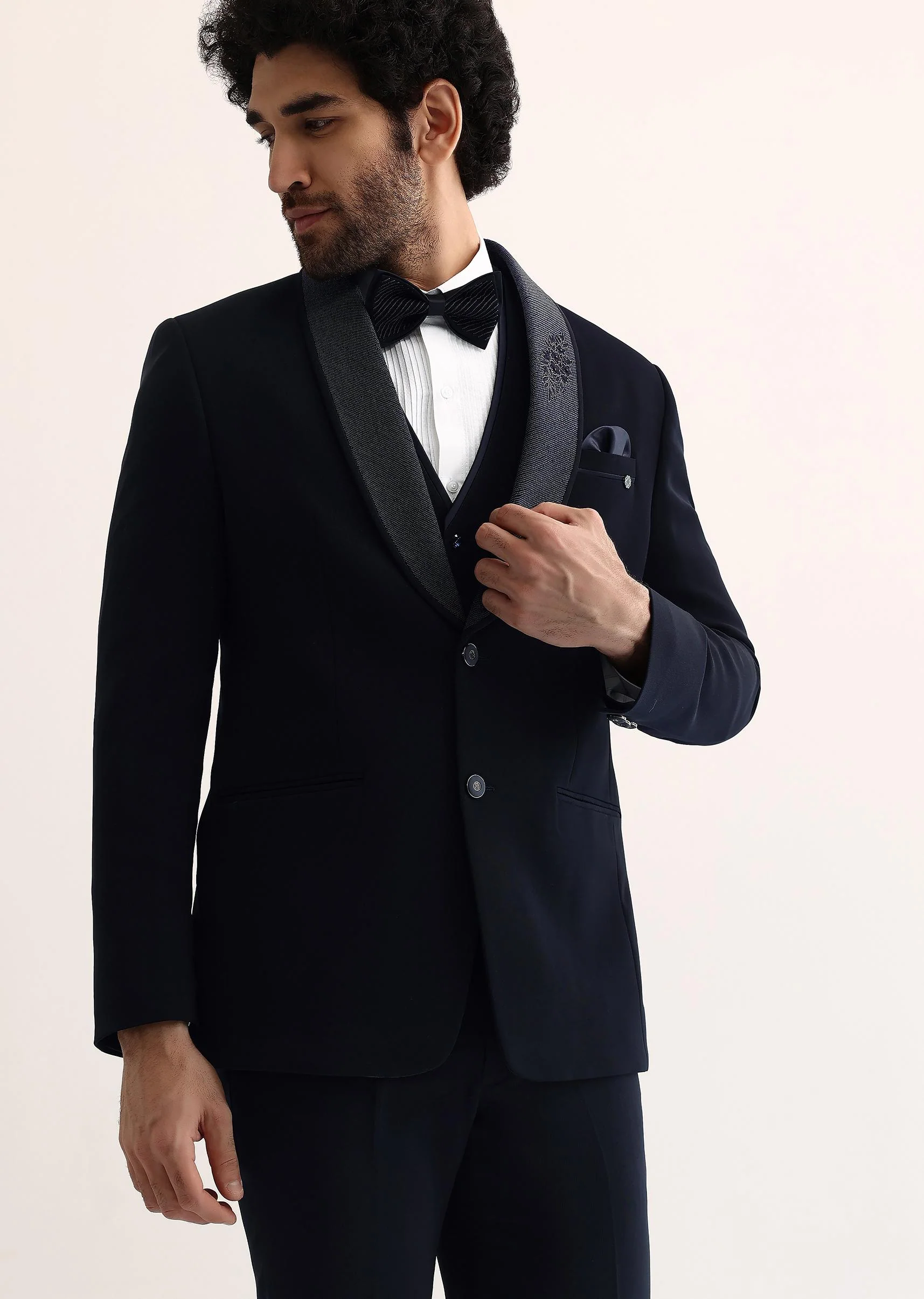 Navy Blue Intricate Embroidered Tuxedo - Image 4
