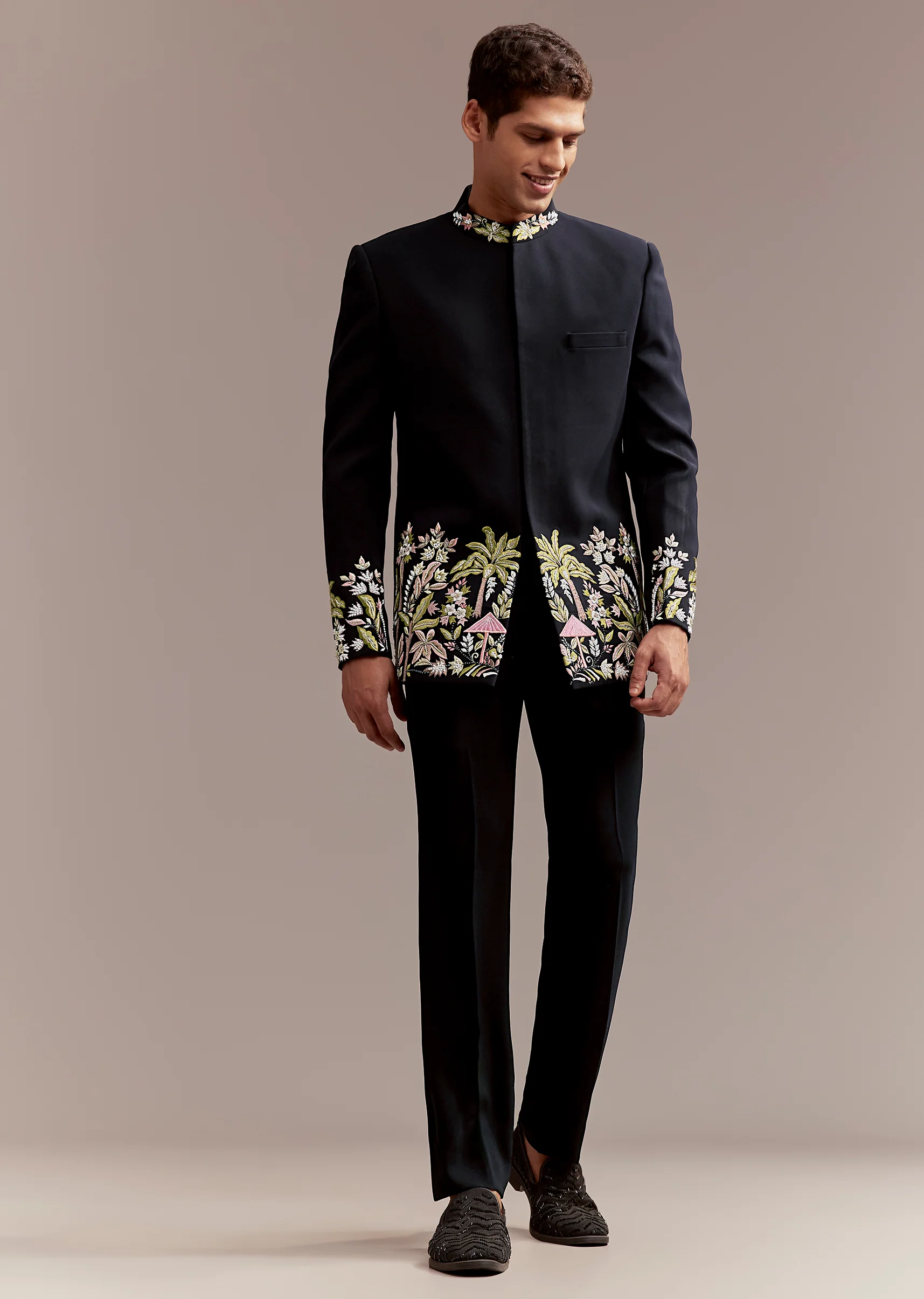 Navy Blue Jodhpuri Suit For Men With Tropical Floral Embroidery - Image 3