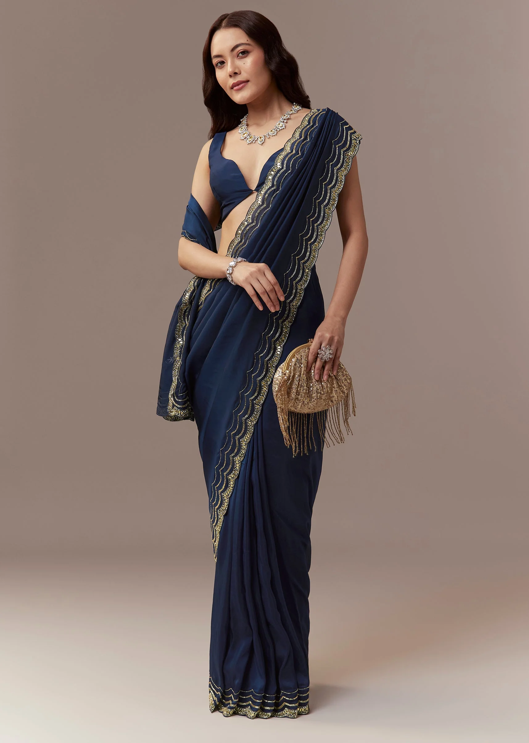 Navy Blue Kora Silk Saree With Cutdana Stones And Mirror Embroidery