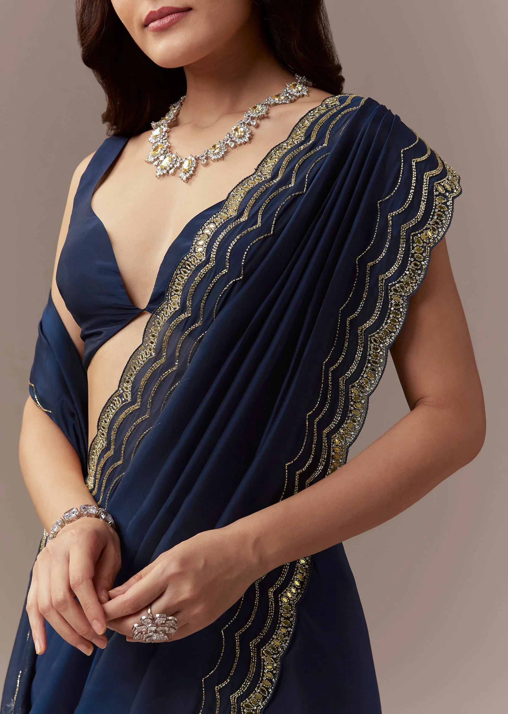 Navy Blue Kora Silk Saree With Cutdana Stones And Mirror Embroidery - Image 2
