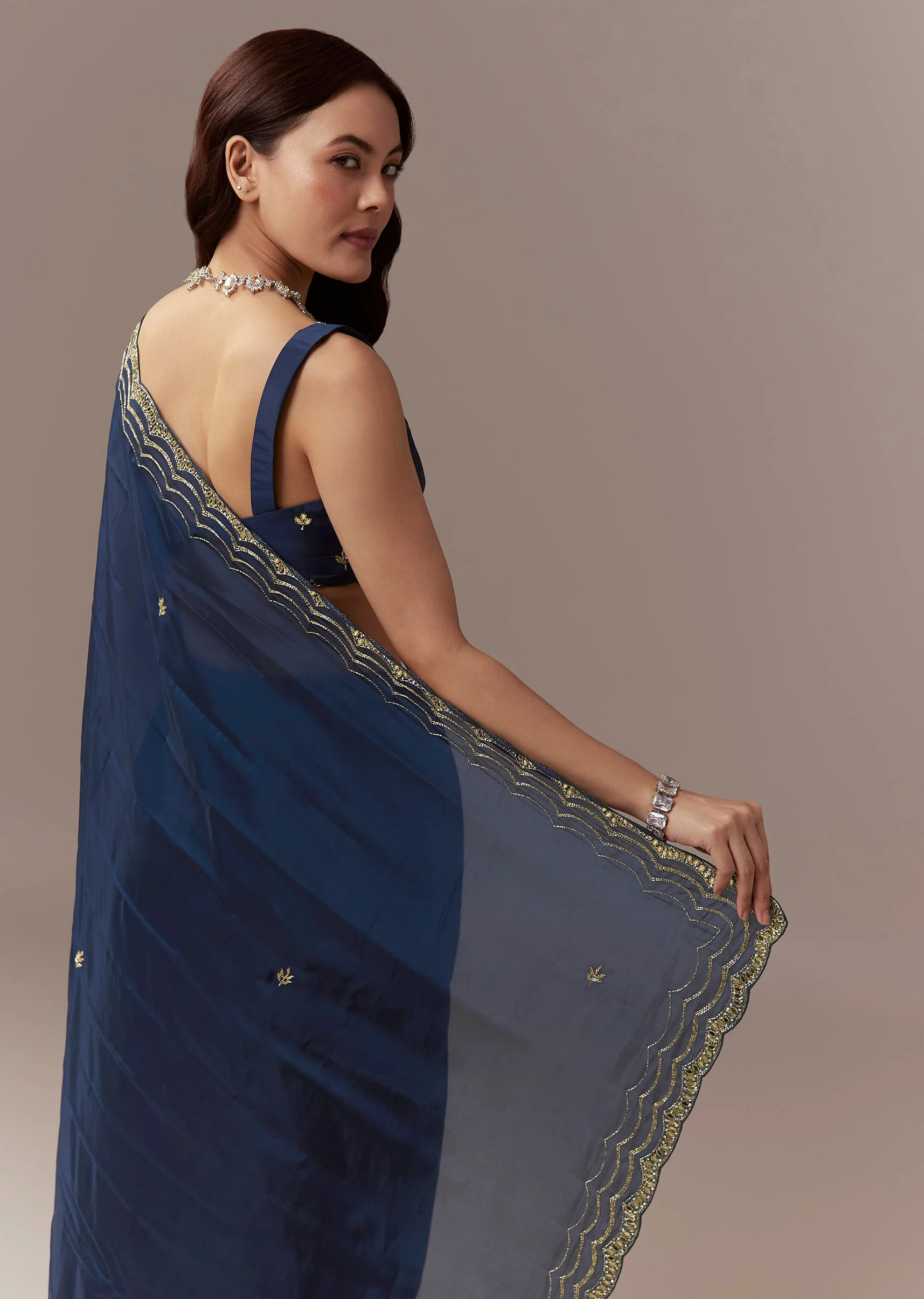 Navy Blue Kora Silk Saree With Cutdana Stones And Mirror Embroidery - Image 5