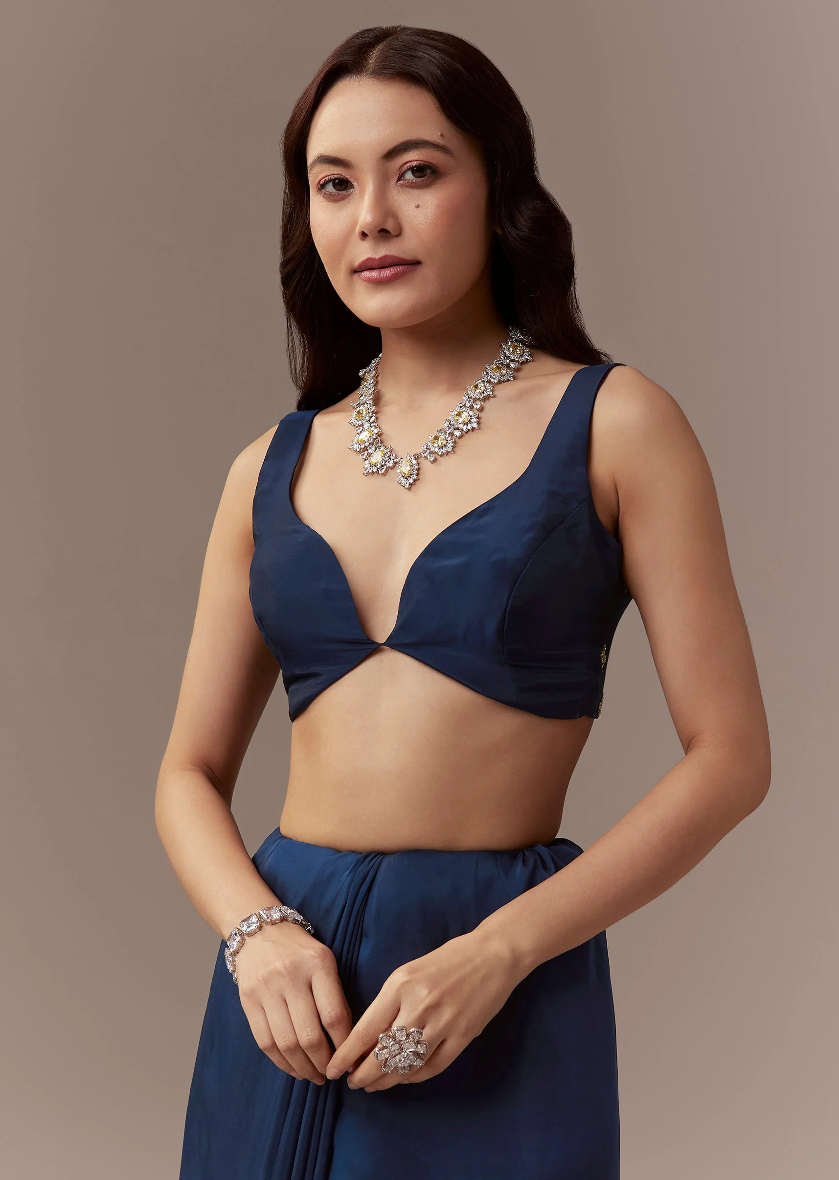 Navy Blue Kora Silk Saree With Cutdana Stones And Mirror Embroidery - Image 7