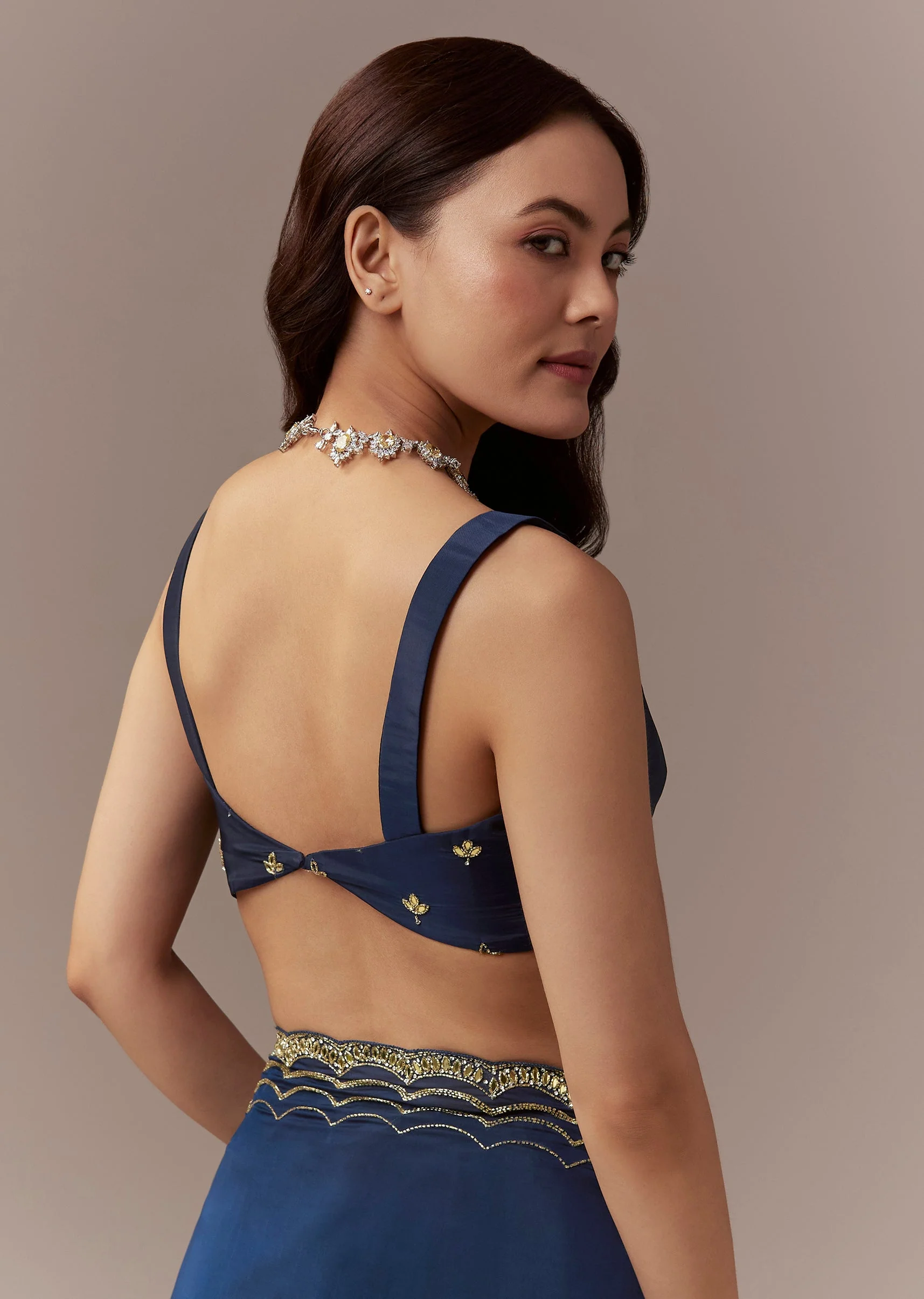 Navy Blue Kora Silk Saree With Cutdana Stones And Mirror Embroidery - Image 8