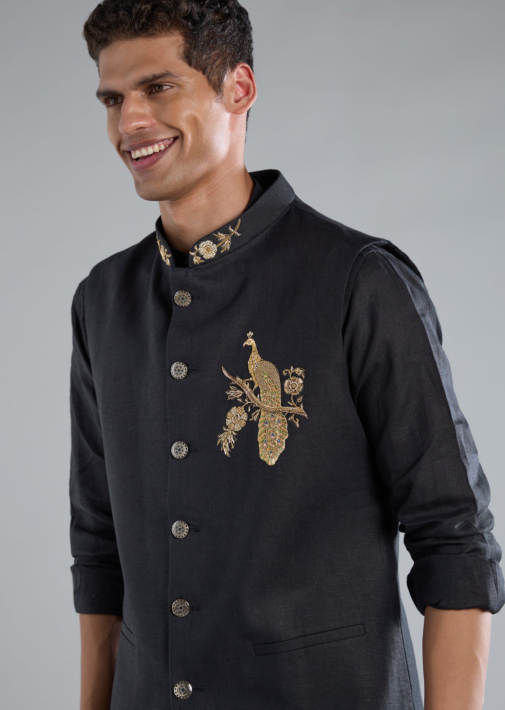 Navy Blue Kurta Jacket Set With Zardosi Hand Work - Image 2