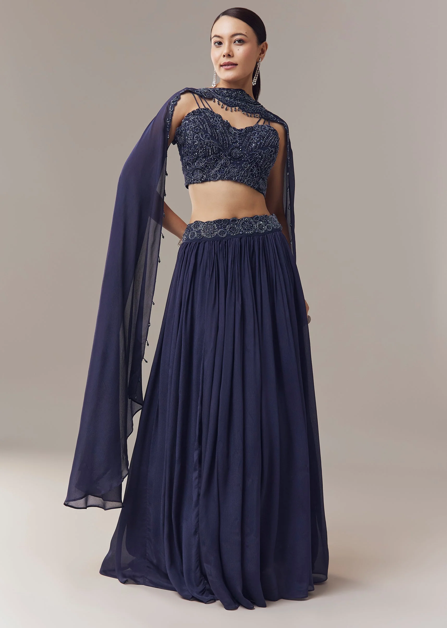 Navy Blue Lehenga With Beads Sequins And Cut Dana Work - Image 3
