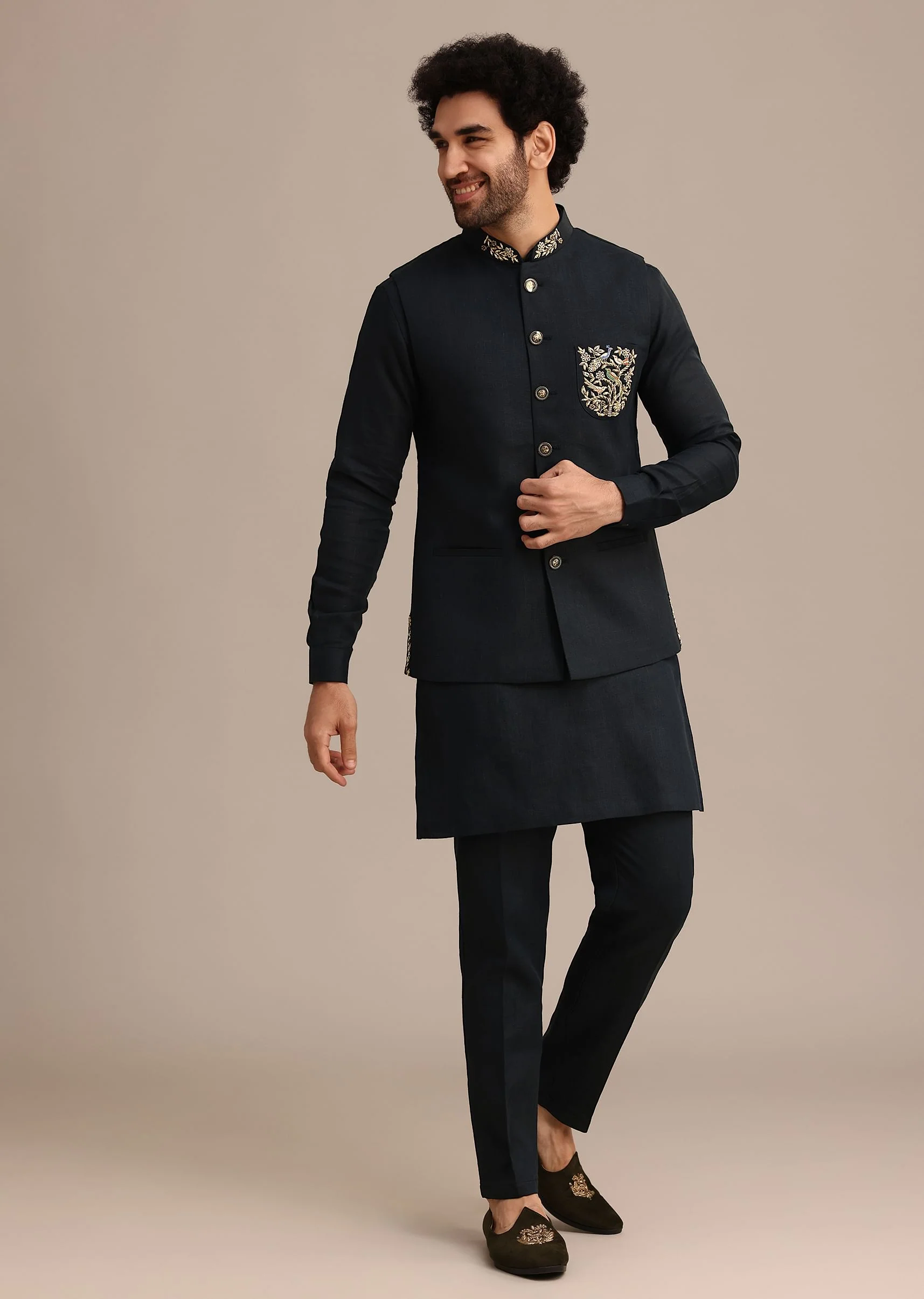 Navy Blue Linen Zardosi Embroidered Jacket Kurta Set - Image 3