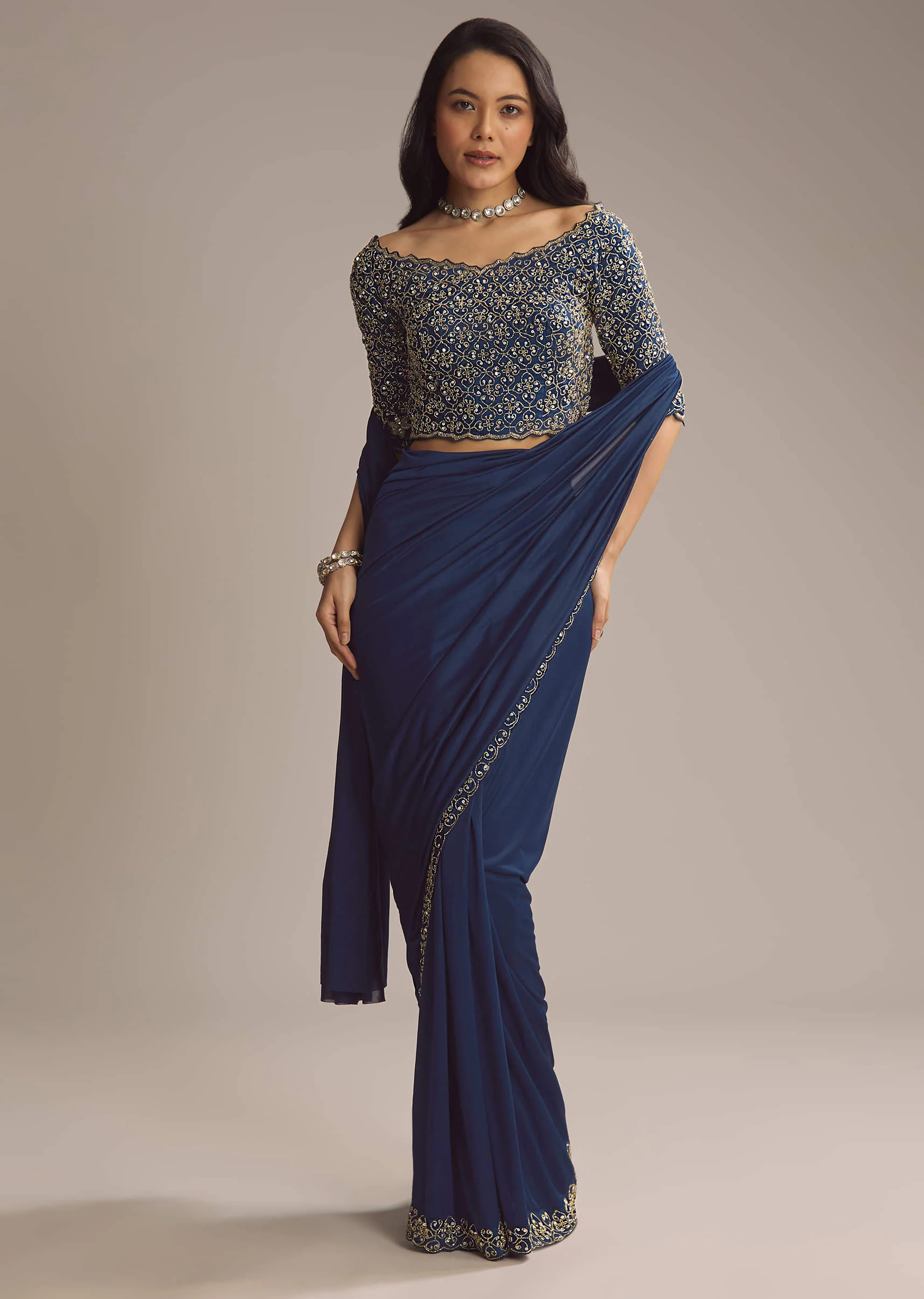 Navy Blue Lycra Ready Pleated Saree With Cutdana Work - Image 3