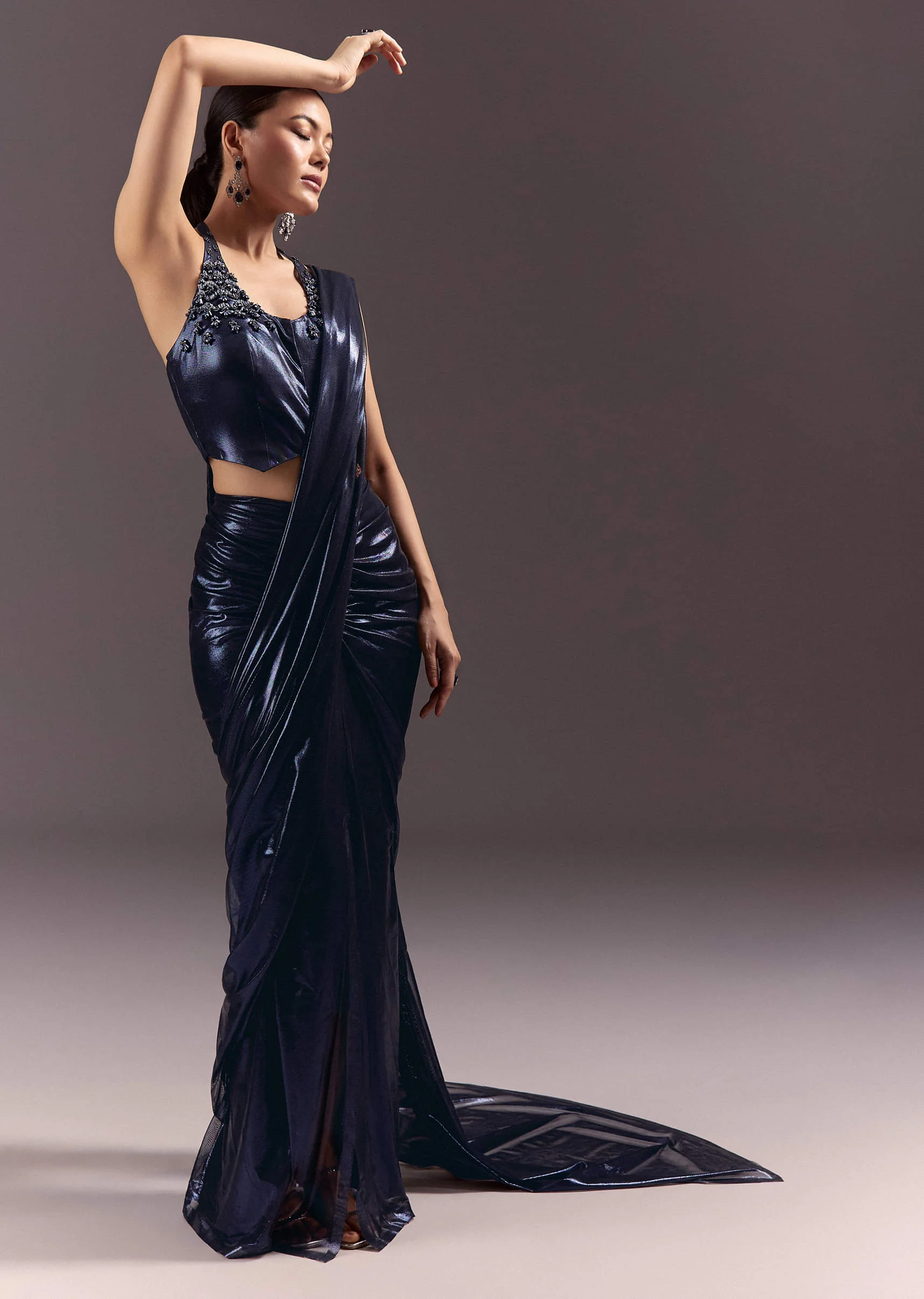 Navy Blue Lycra Sequin Saree With Halter Neck Blouse - Image 3