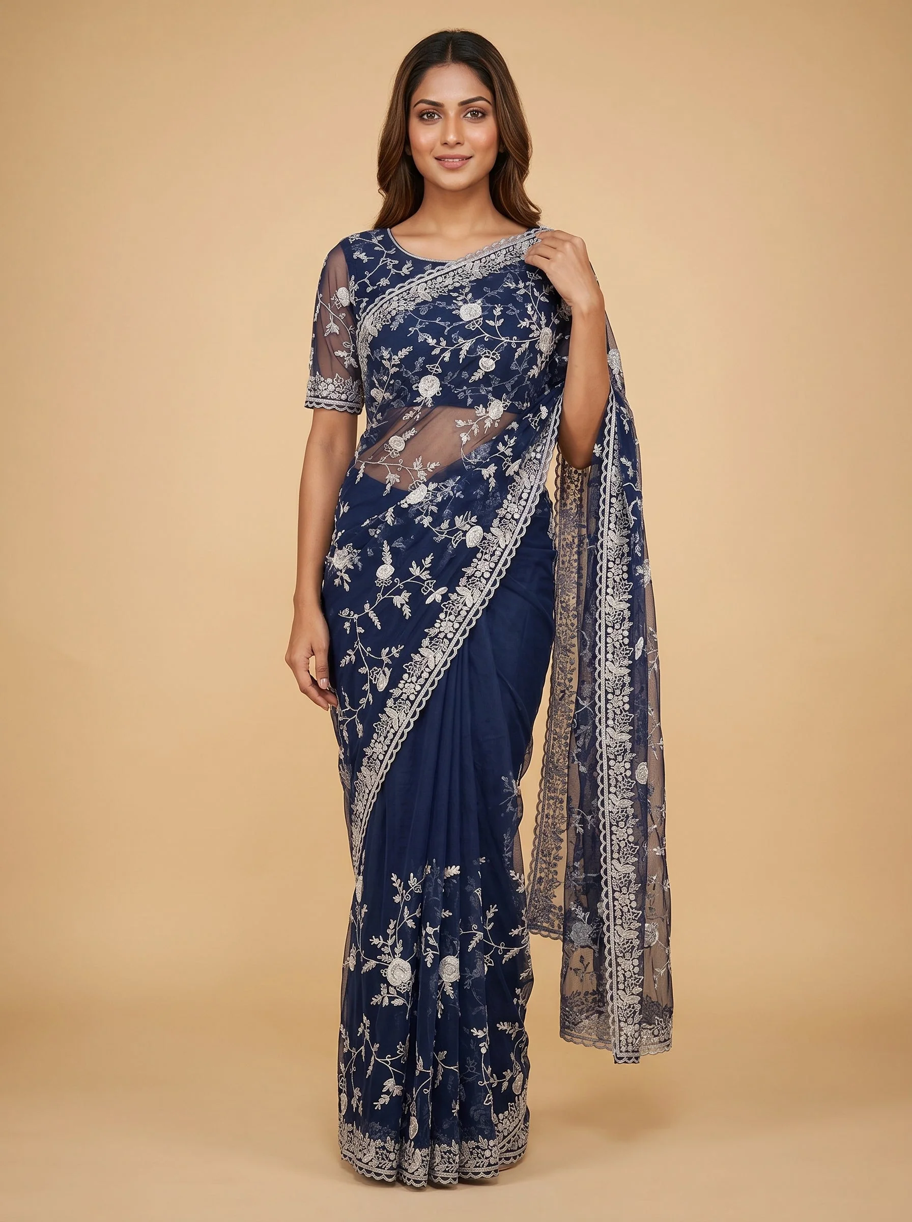 Navy Blue Midnight Tide Embroidered Saree