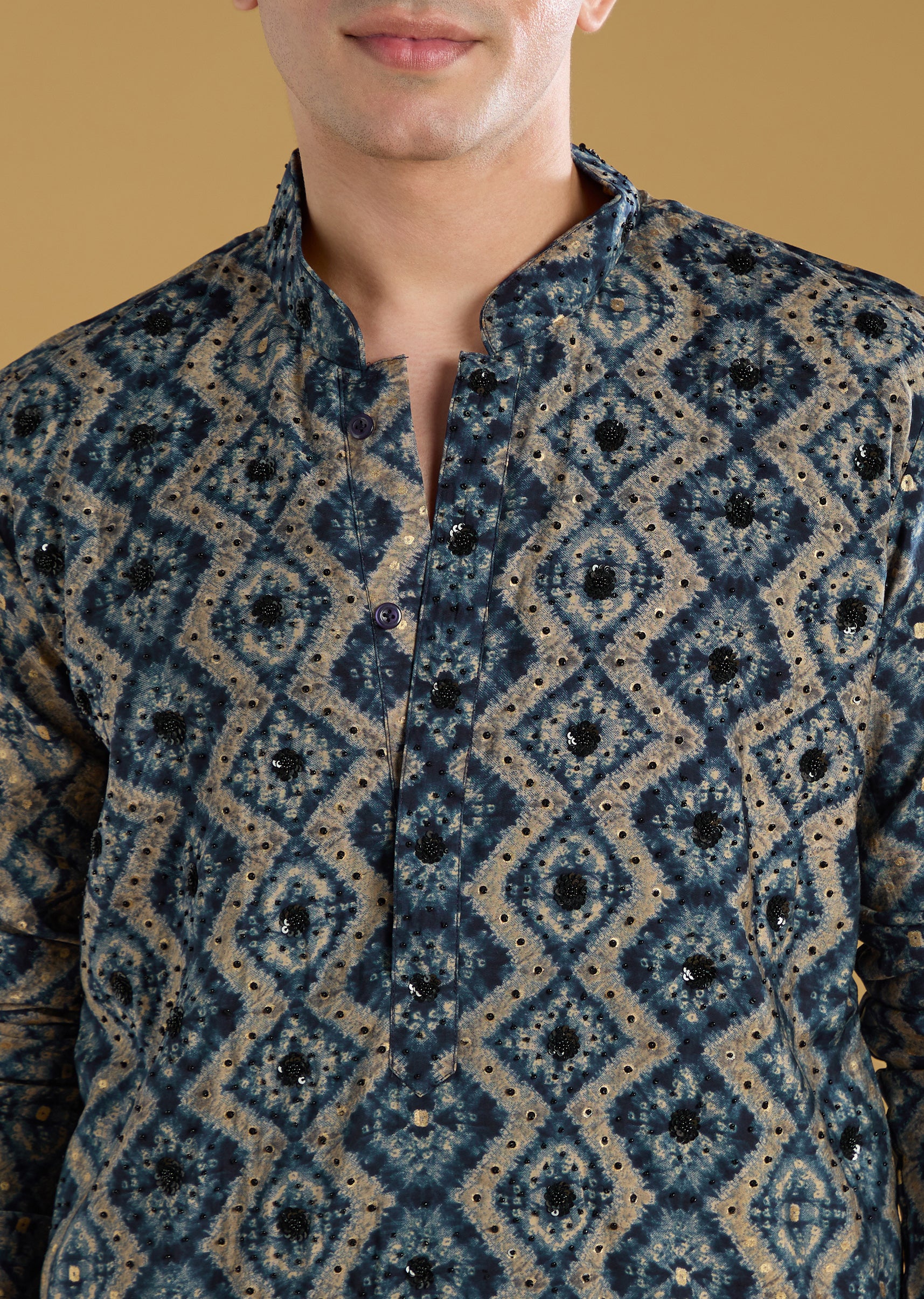 Navy Blue Modal Chanderi Sequin Embroidered Kurta Set - Image 2